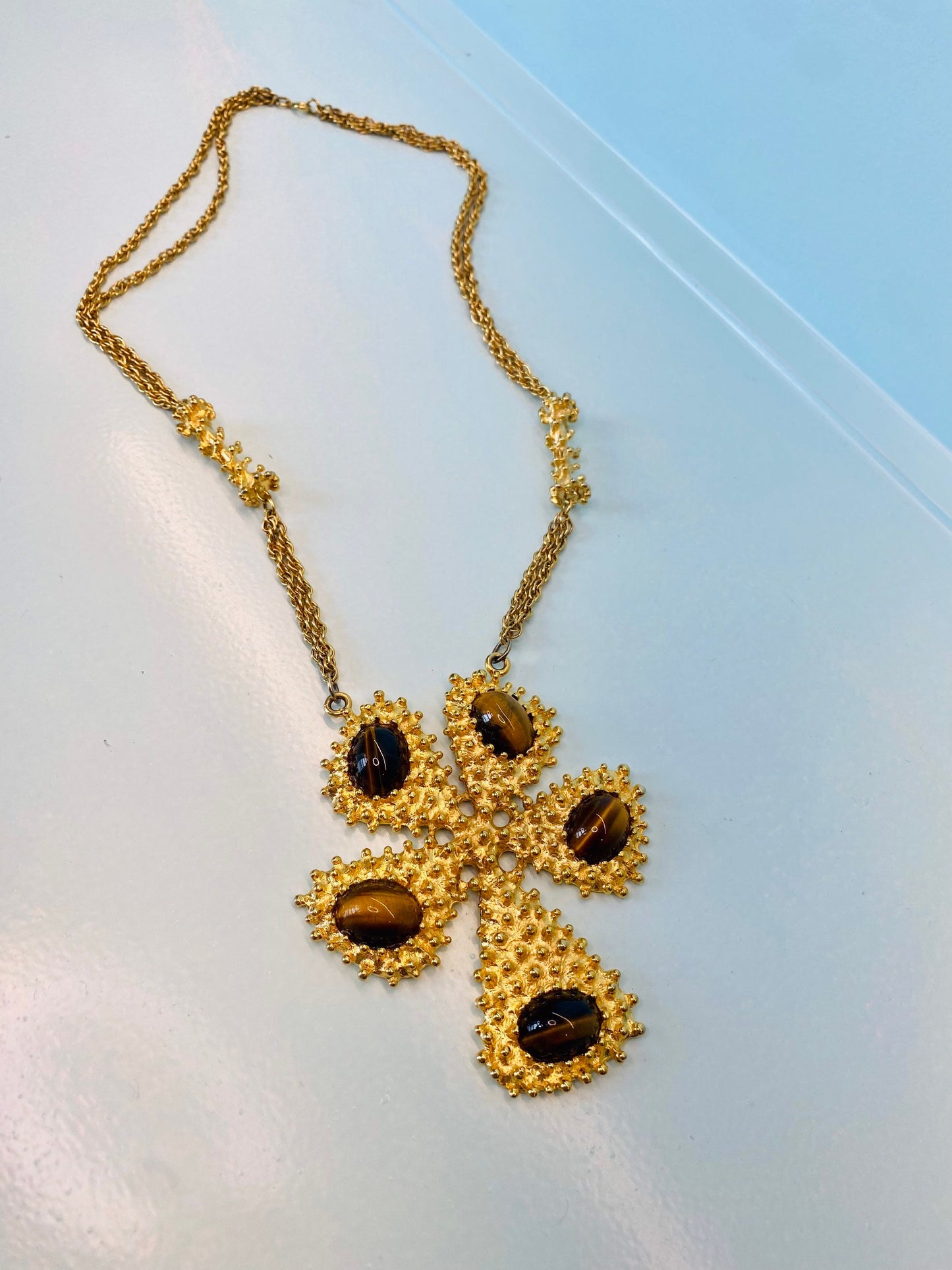 Rare 70s Huge Gold Tiger Eye Pendant on a Long Chain 26" long