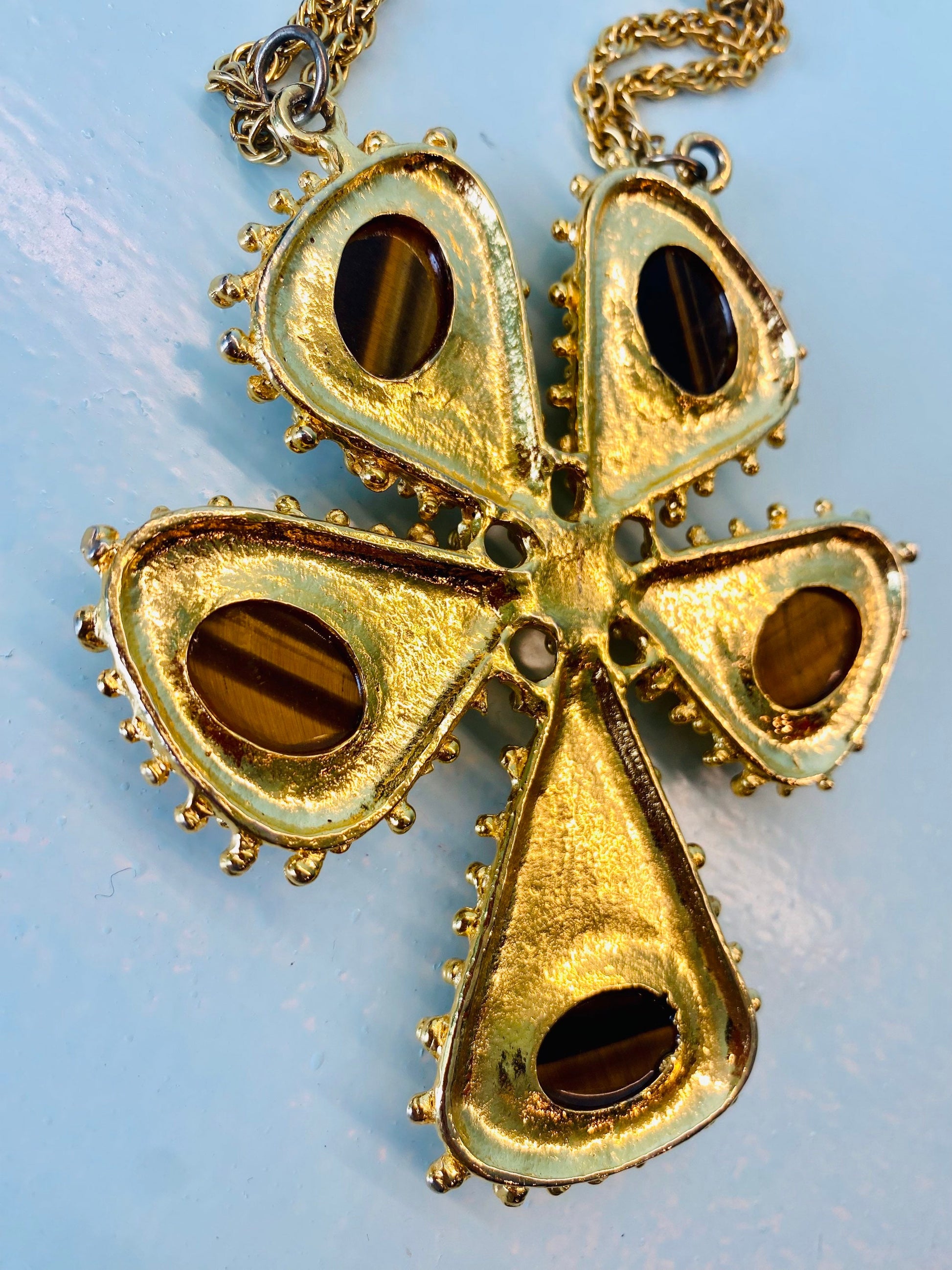 Rare 70s Huge Gold Tiger Eye Pendant on a Long Chain 26" long