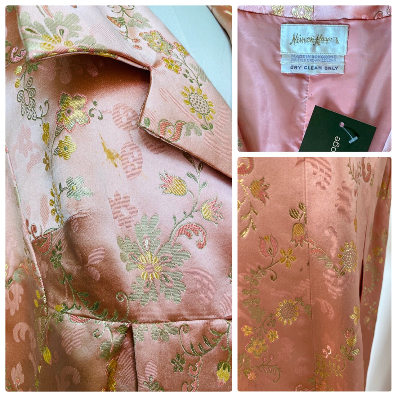 1950s Neiman Marcus Hong Kong Silk Pink and Gold Brocade Collard Button Down House Coat Dress