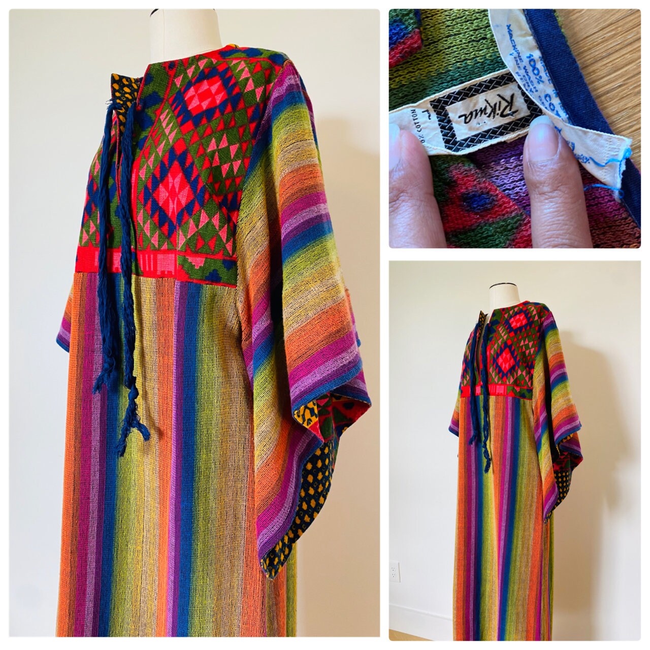 60s Rikma Rainbow Angel Sleeves Cotton Caftan