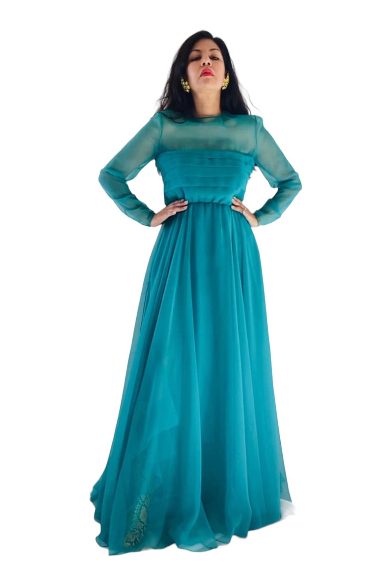 60s Mollie PARNIS Teal Turquoise Green Chiffon Full Skirt Pleated Bodice Long Sheer Sleeves Maxi Dress