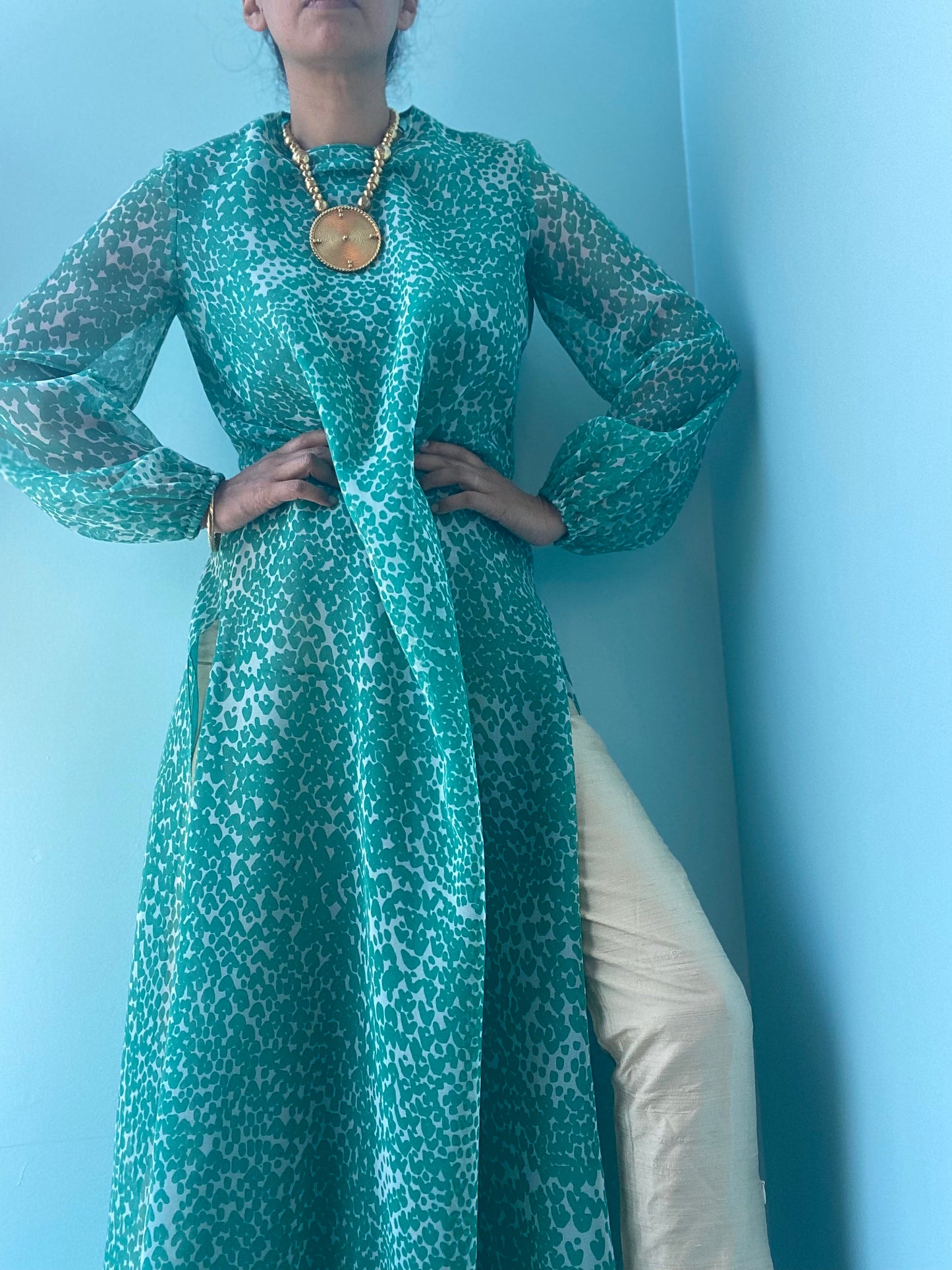 70s Albert Capraro Green Printed Chiffon Tunic Maxi Dress Balloon Sleeves