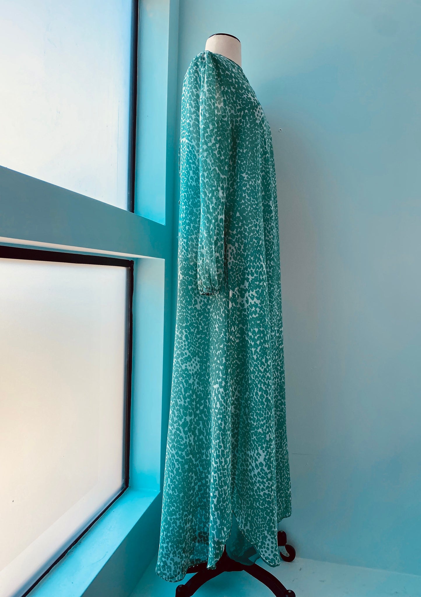 70s Albert Capraro Green Printed Chiffon Tunic Maxi Dress Balloon Sleeves