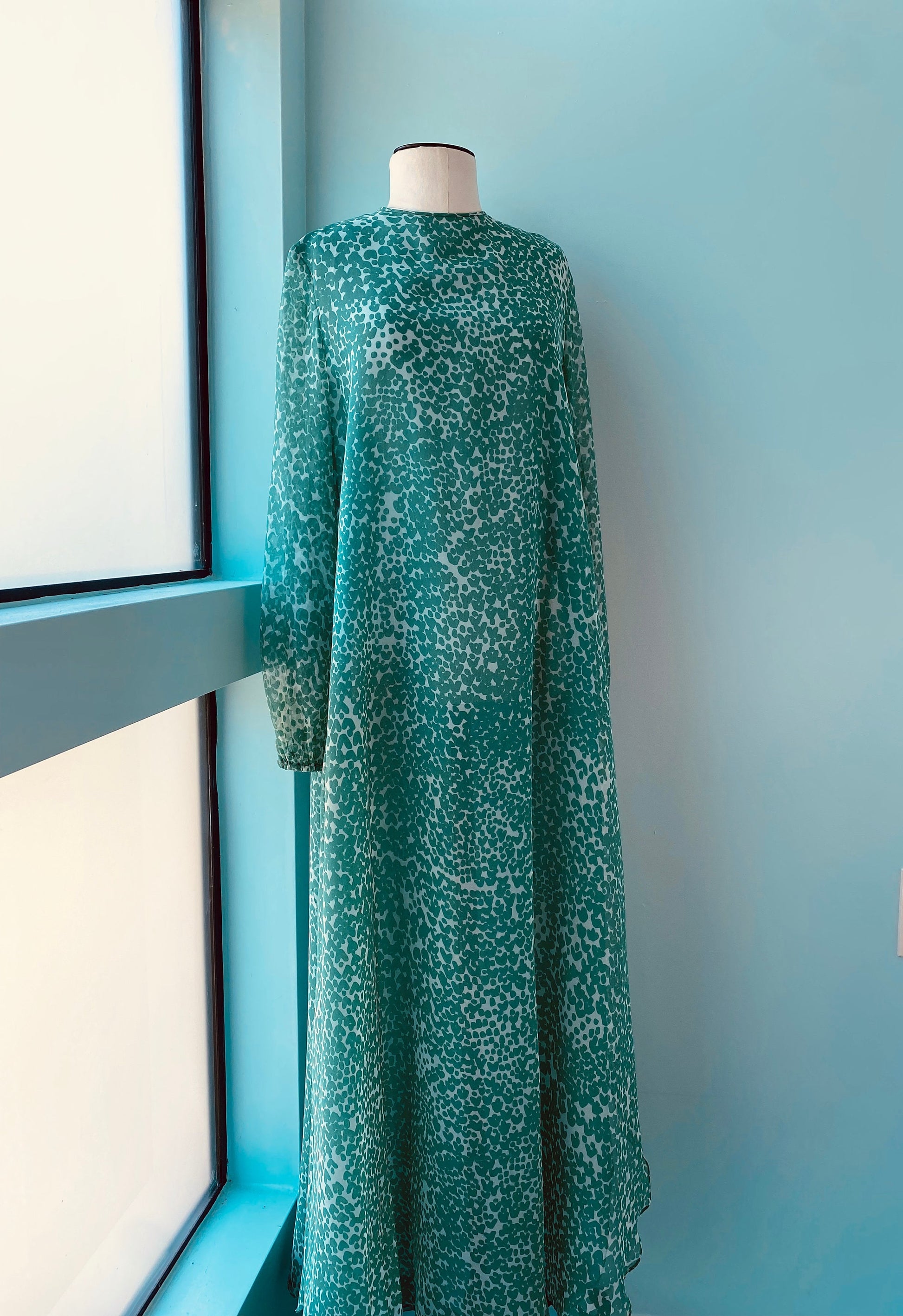 70s Albert Capraro Green Printed Chiffon Tunic Maxi Dress Balloon Sleeves