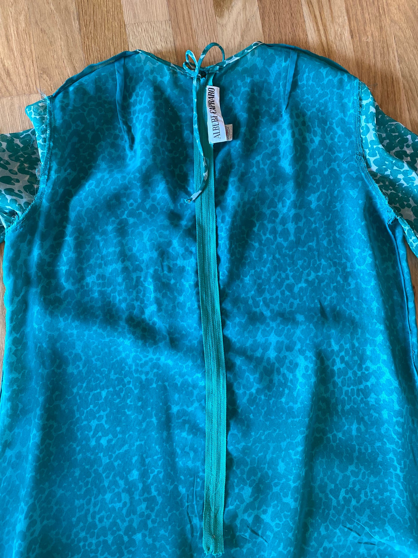 70s Albert Capraro Green Printed Chiffon Tunic Maxi Dress Balloon Sleeves