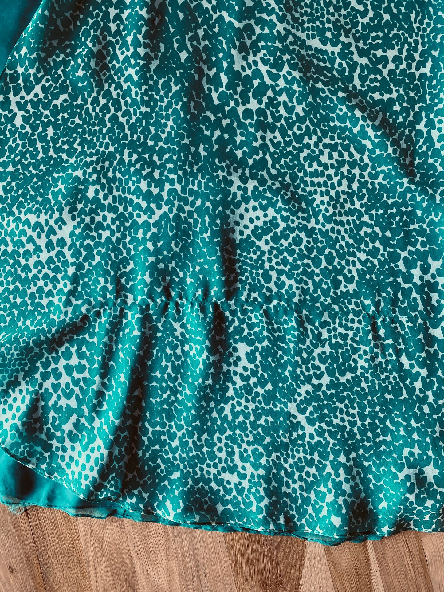 70s Albert Capraro Green Printed Chiffon Tunic Maxi Dress Balloon Sleeves