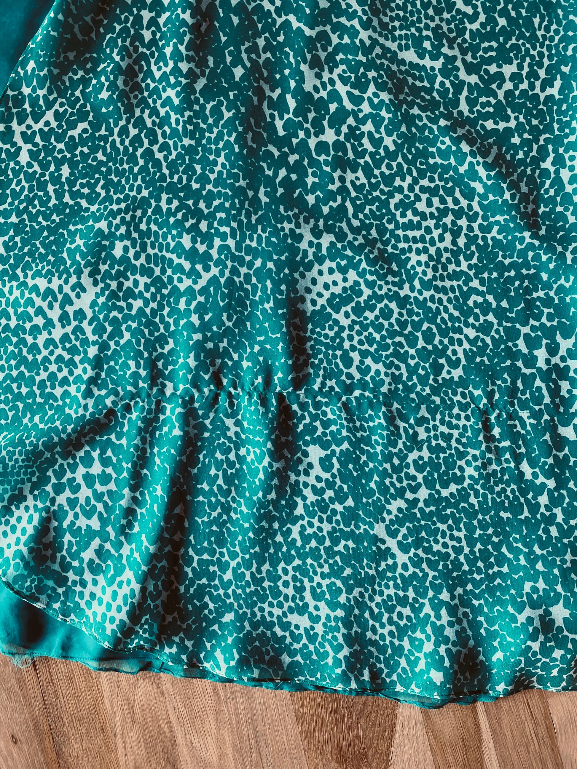 70s Albert Capraro Green Printed Chiffon Tunic Maxi Dress Balloon Sleeves