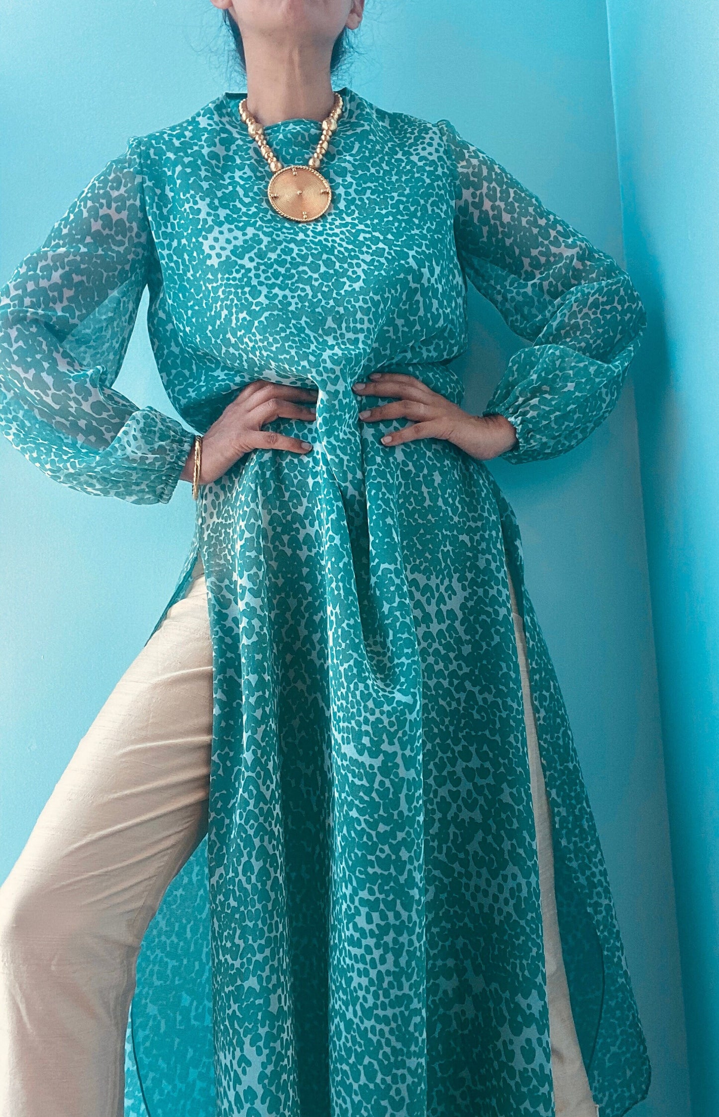 70s Albert Capraro Green Printed Chiffon Tunic Maxi Dress Balloon Sleeves