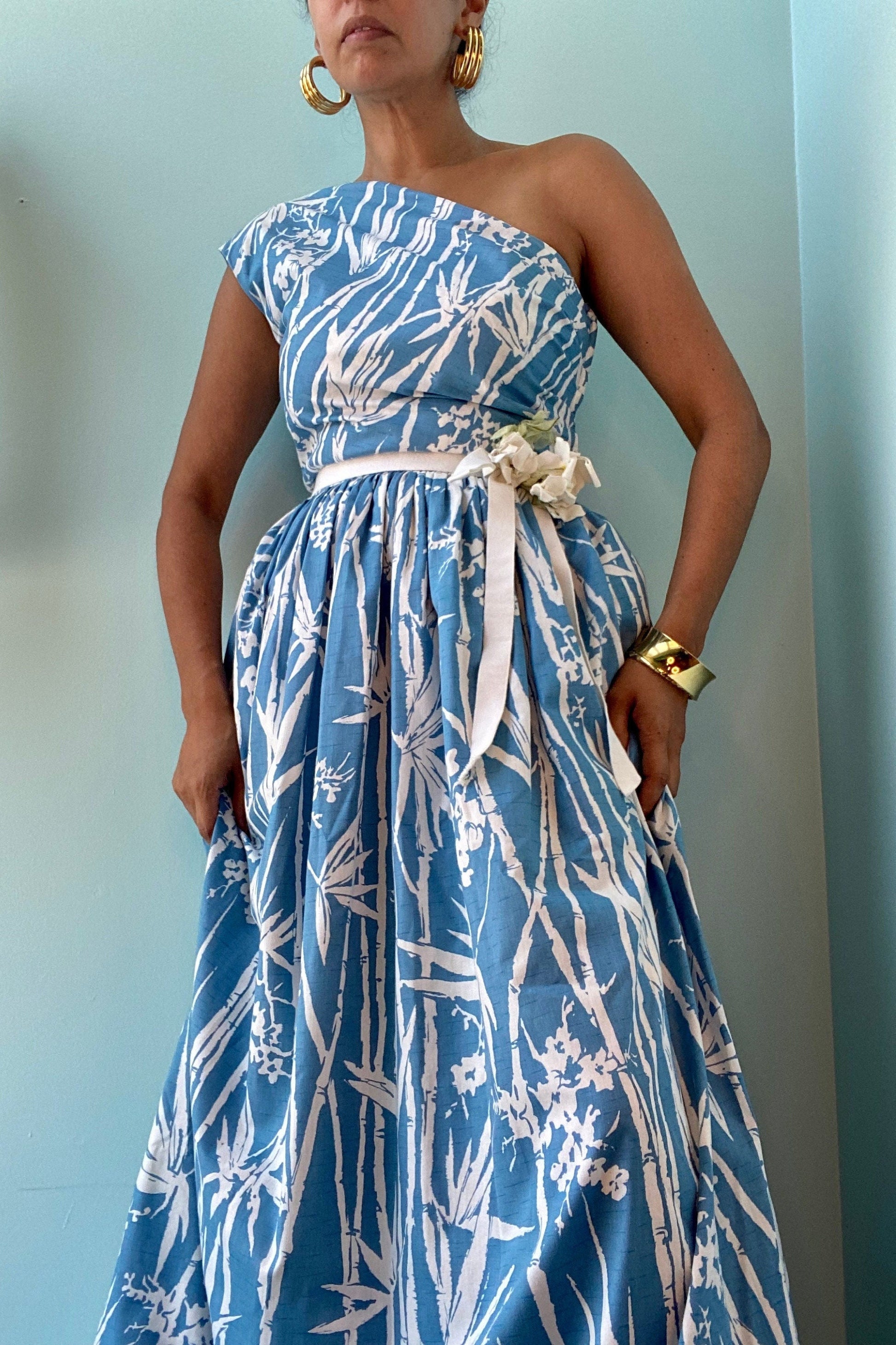 60s Mollie PARNIS Tikki Blue One Shoulder Cotton Maxi