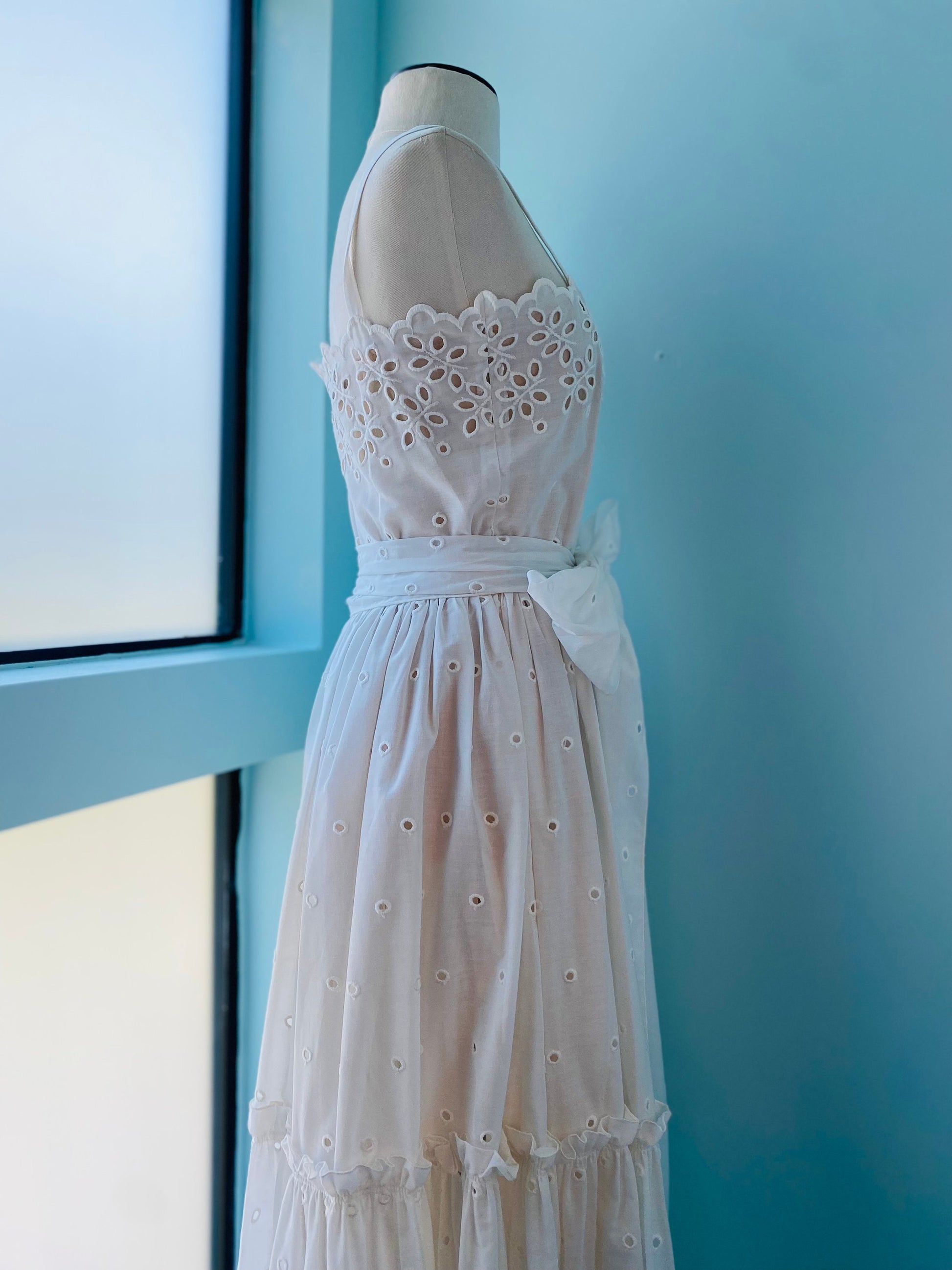 80s Albert Capraro White Eyelet Cotton Dress