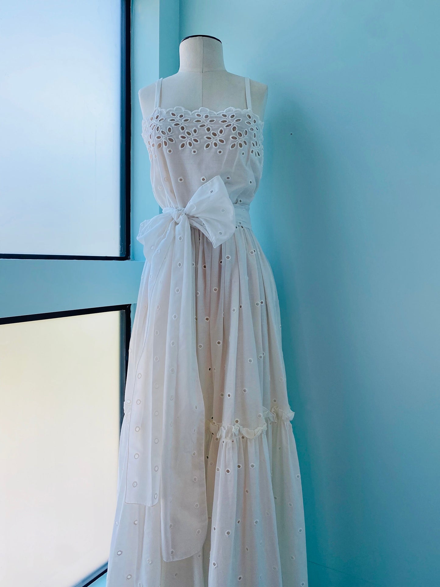 80s Albert Capraro White Eyelet Cotton Dress