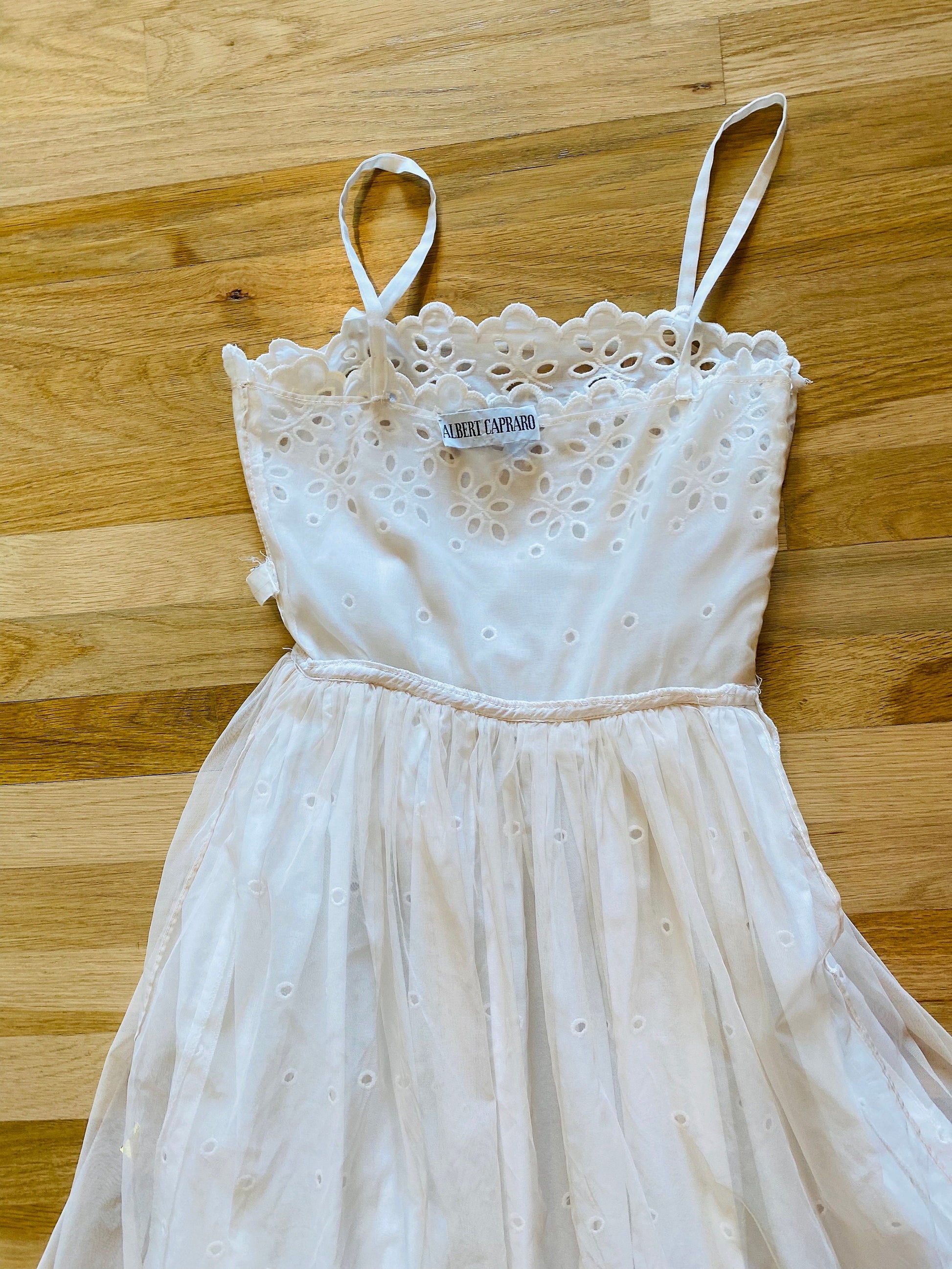80s Albert Capraro White Eyelet Cotton Dress