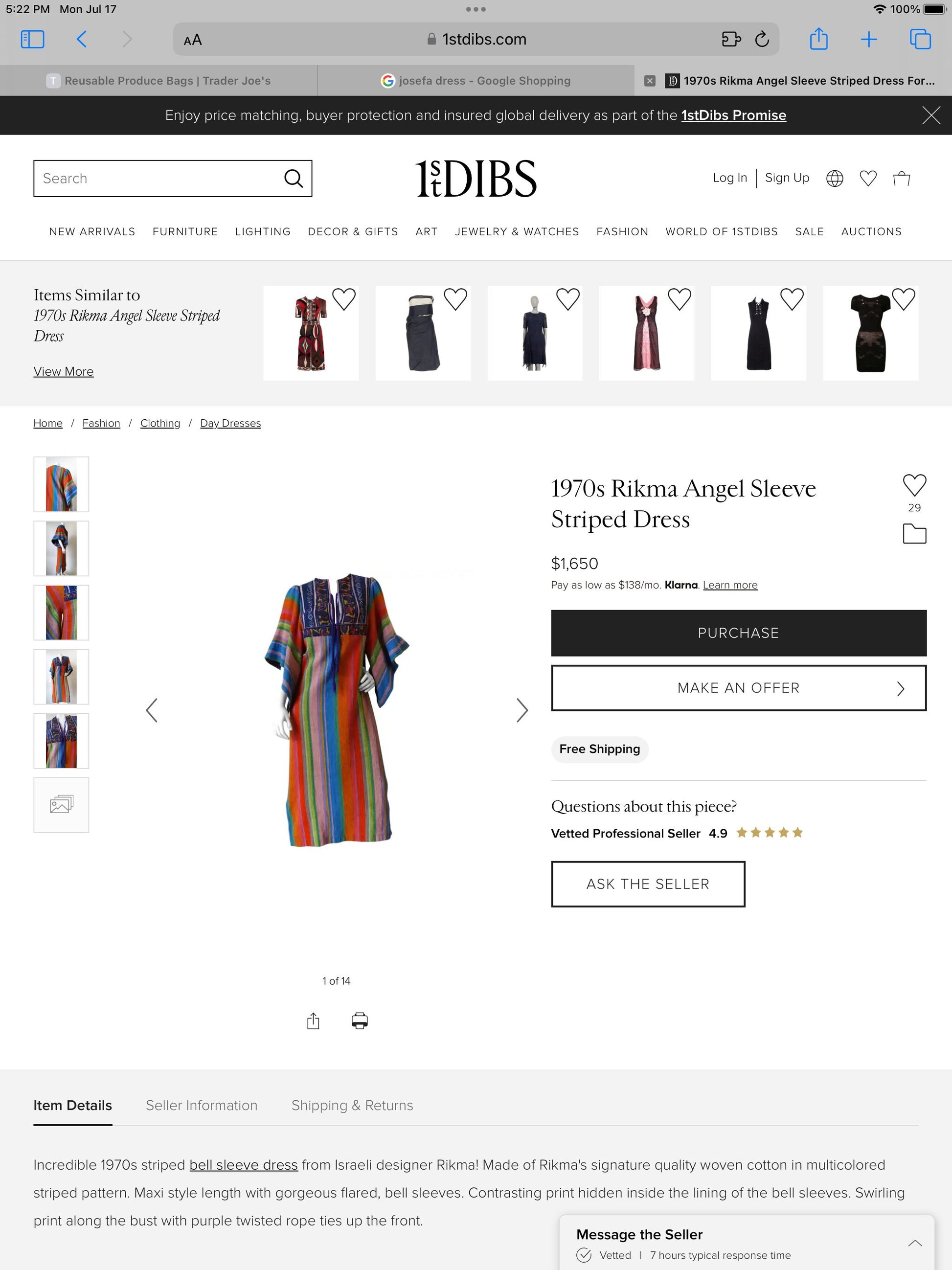 60s Rikma Rainbow Angel Sleeves Cotton Caftan