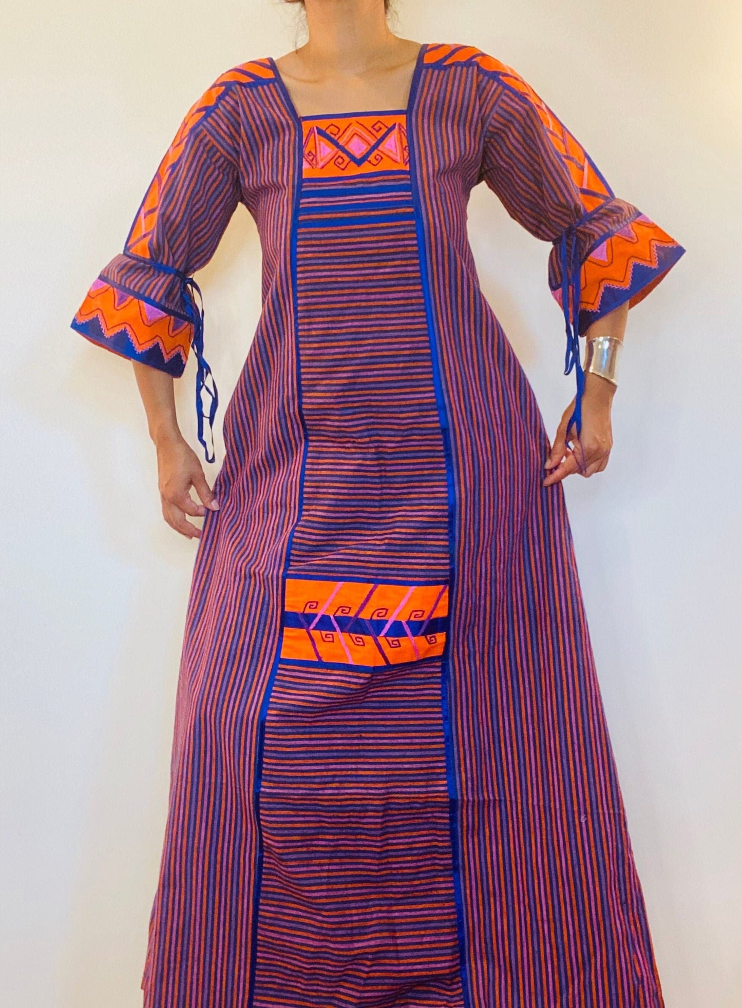 70s Josefa Ibarra Cotton Stripe Maxi Boho Hippie Caftan Bell Sleeves Pockets