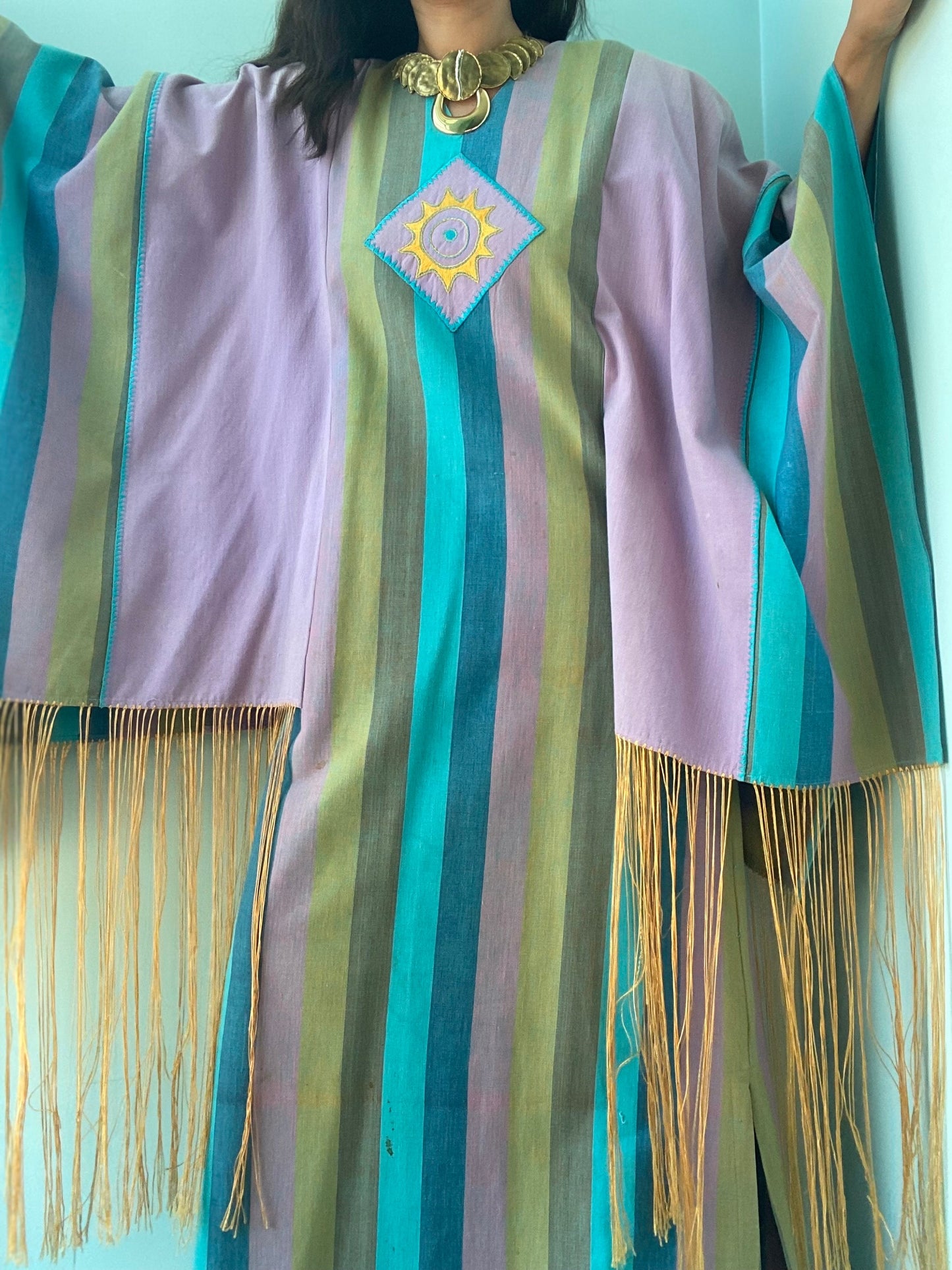 70s Josefa Ibarra Cotton Striped Fringed Caftan Maxi Boho Hippie Dress