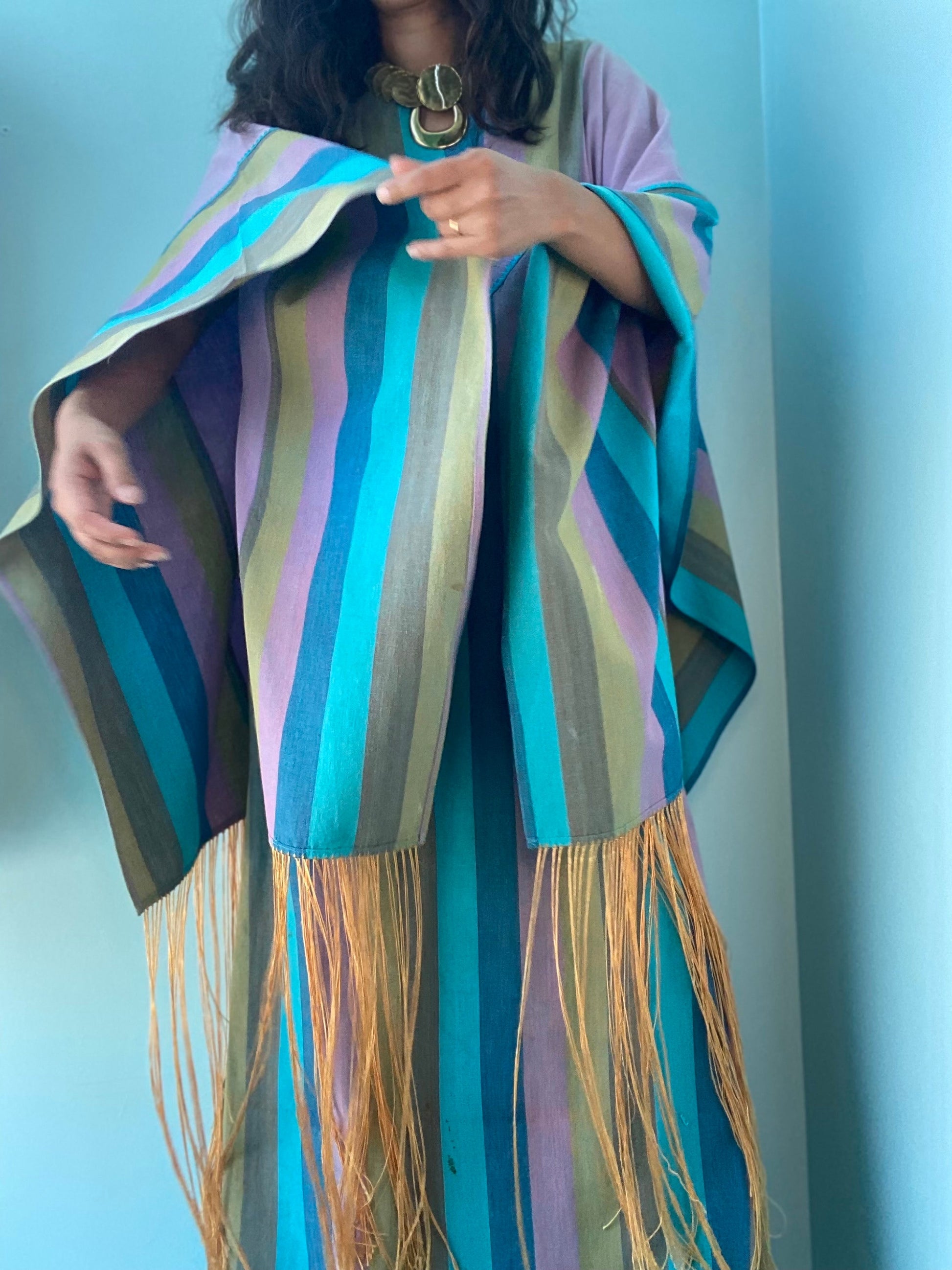 70s Josefa Ibarra Cotton Striped Fringed Caftan Maxi Boho Hippie Dress