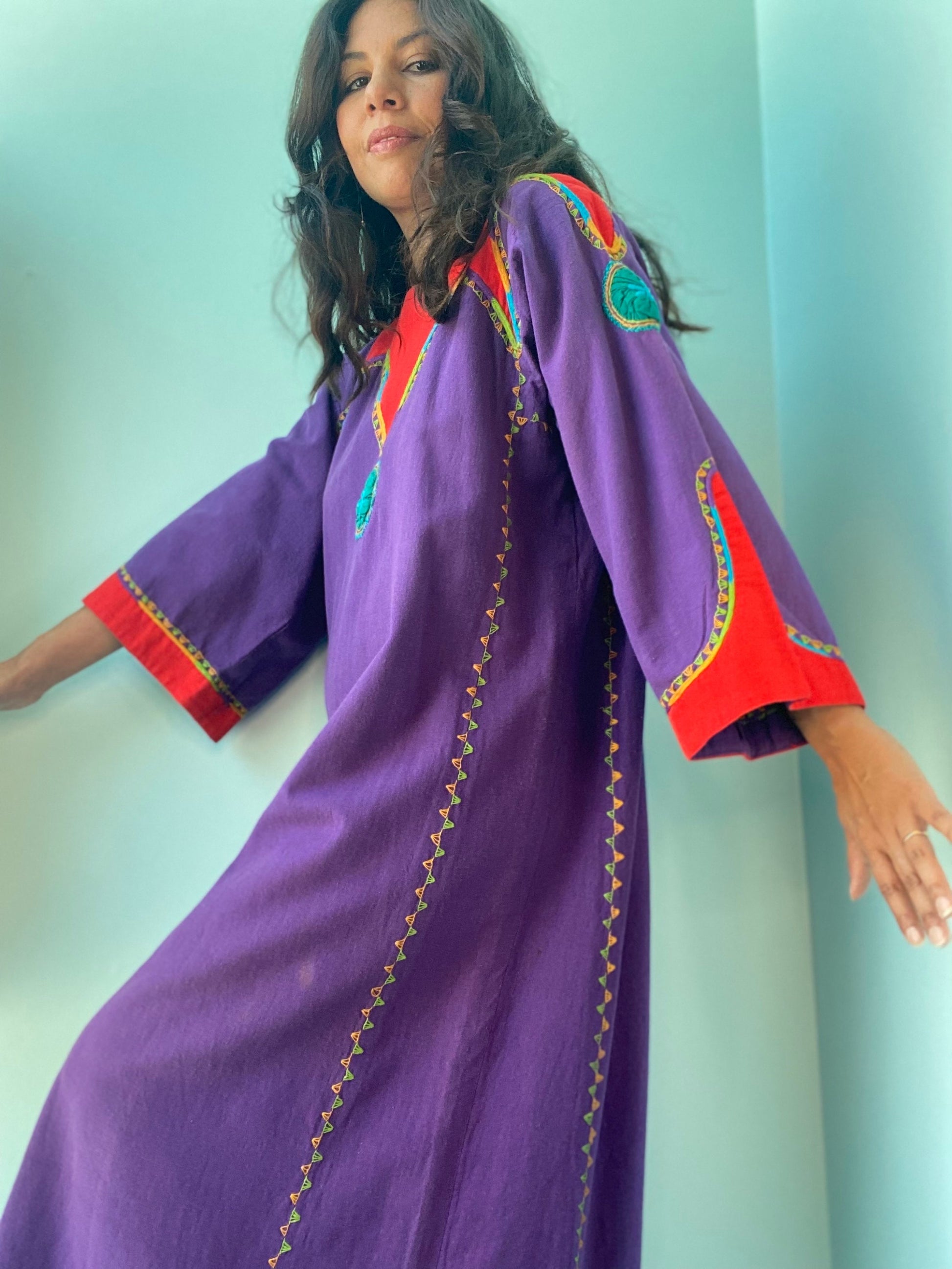 70s Josefa Ibarra Mexican Long Sleeves Purple Organic Cotton Embroidered Long Unisex Maxi Caftan Dress Bell Sleeves