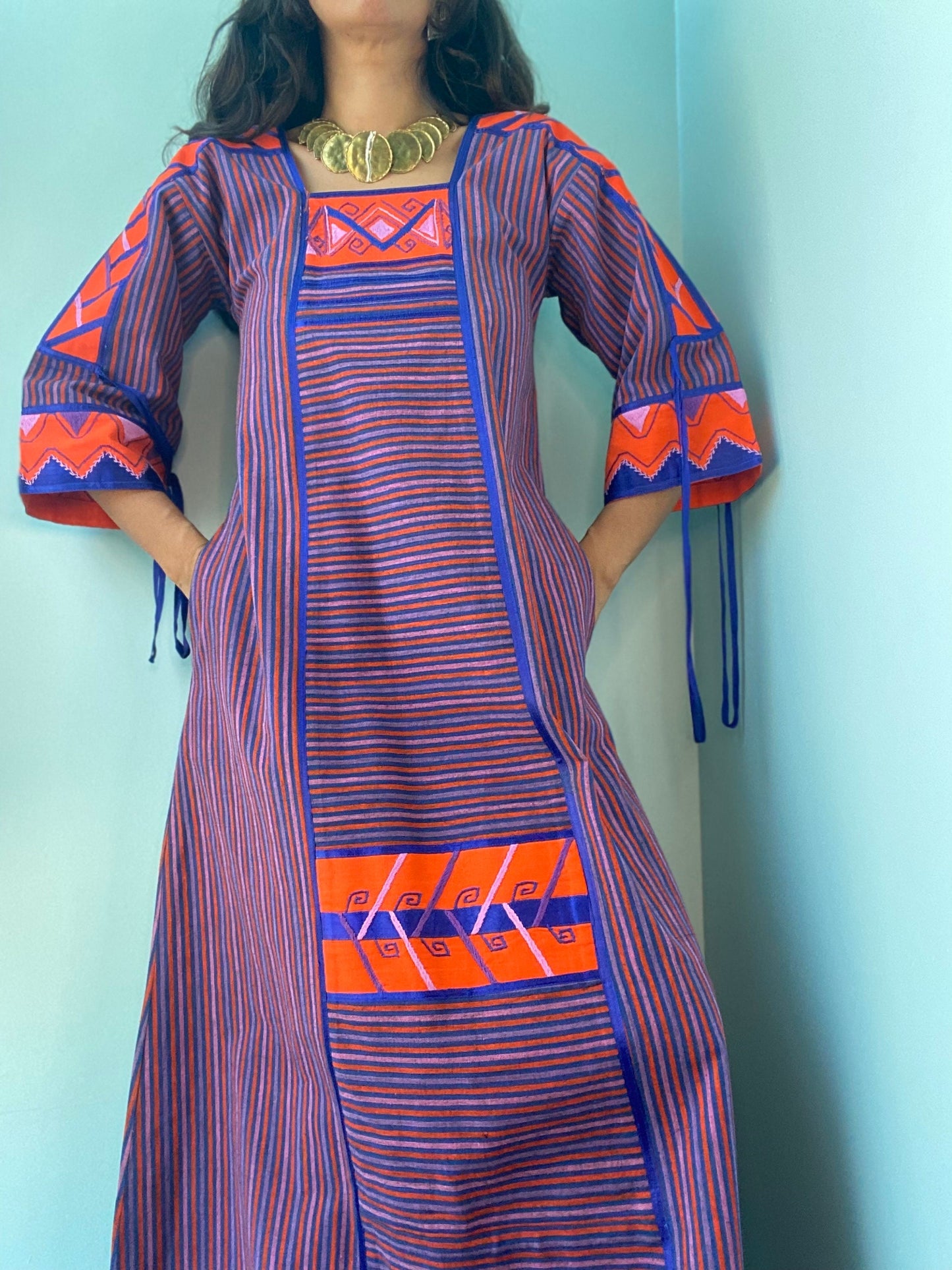 70s Josefa Ibarra Cotton Stripe Maxi Boho Hippie Caftan Bell Sleeves Pockets