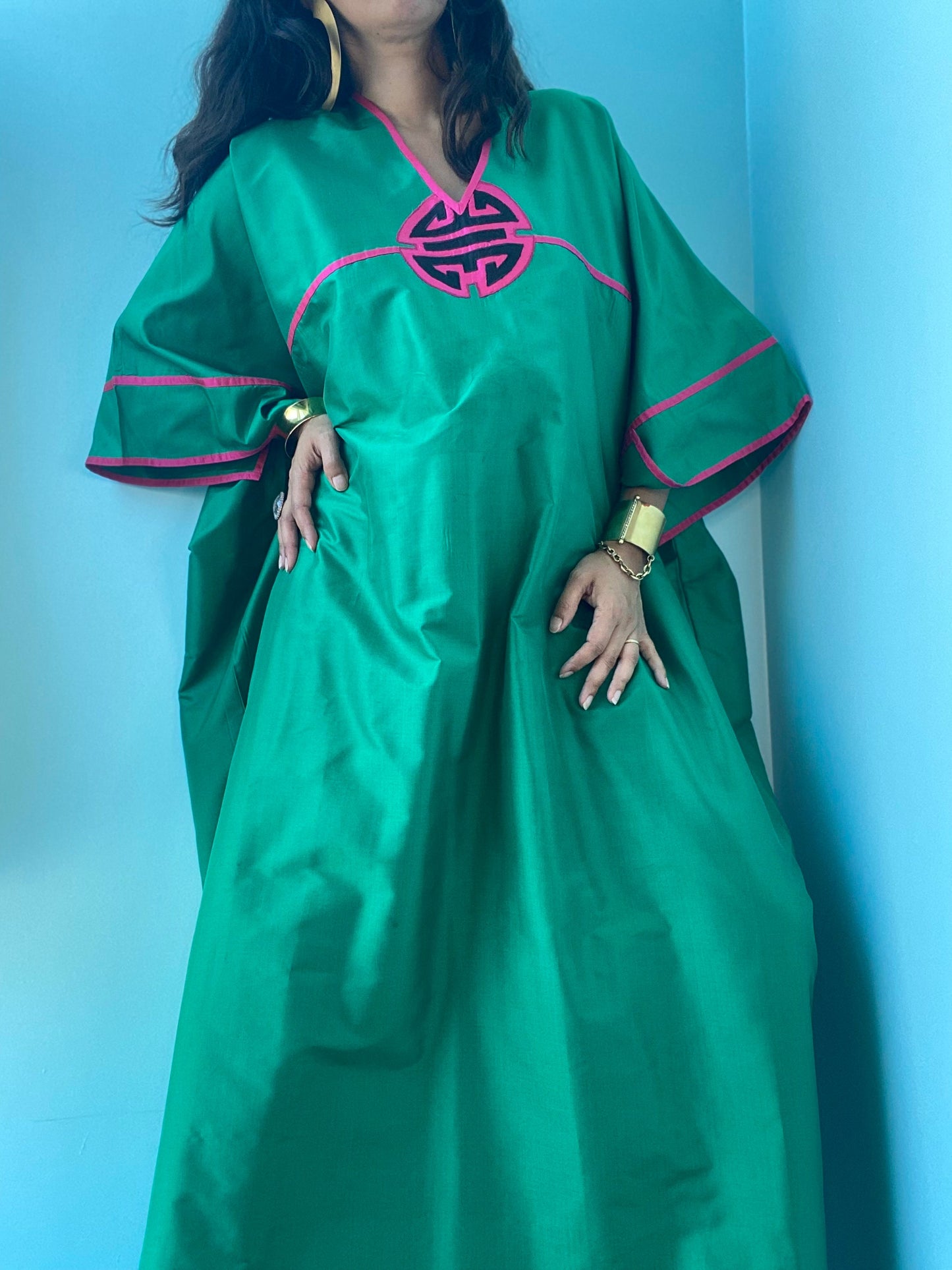 80s Green Silk Asian Star of Siam Caftan