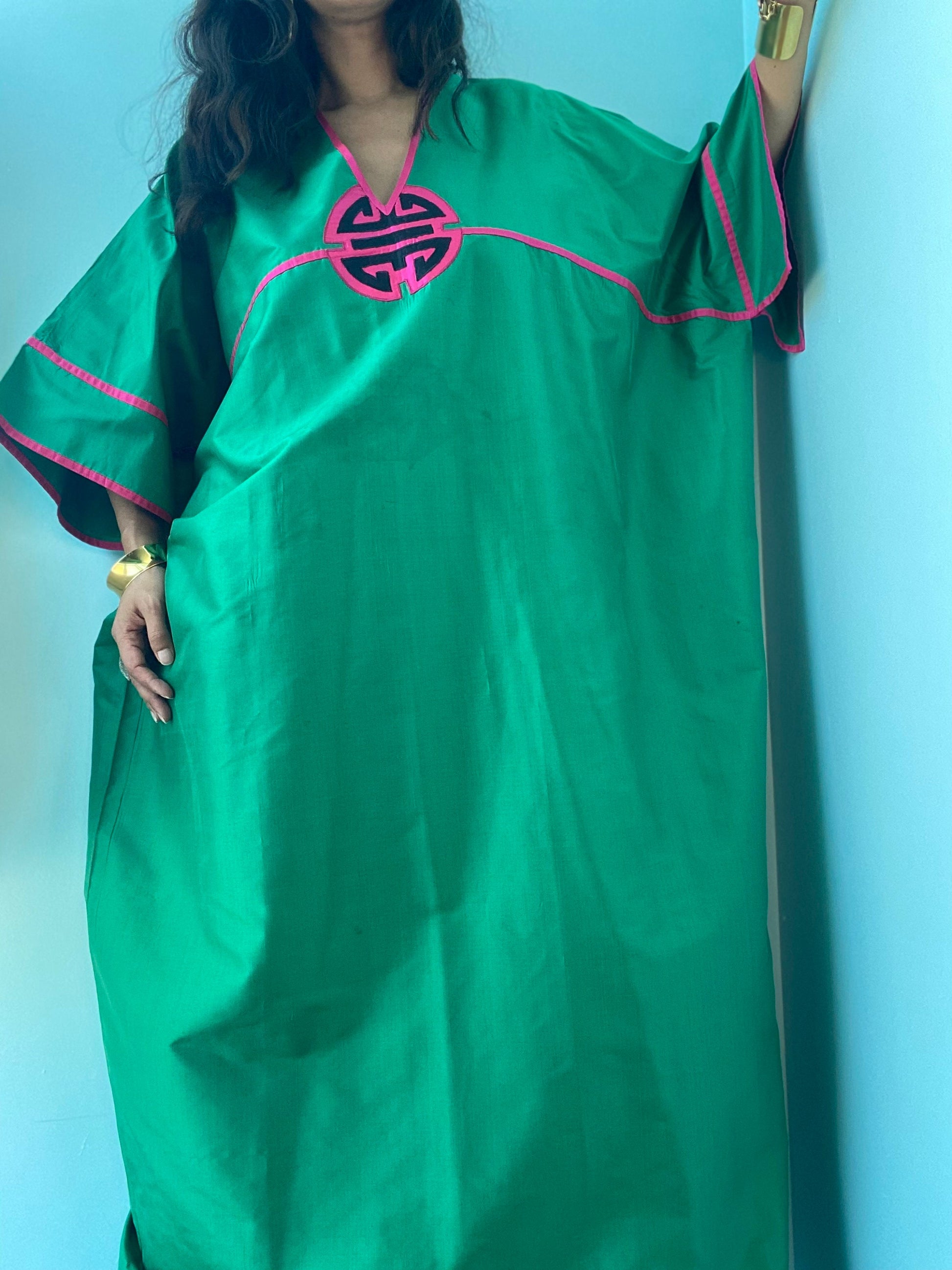 80s Green Silk Asian Star of Siam Caftan