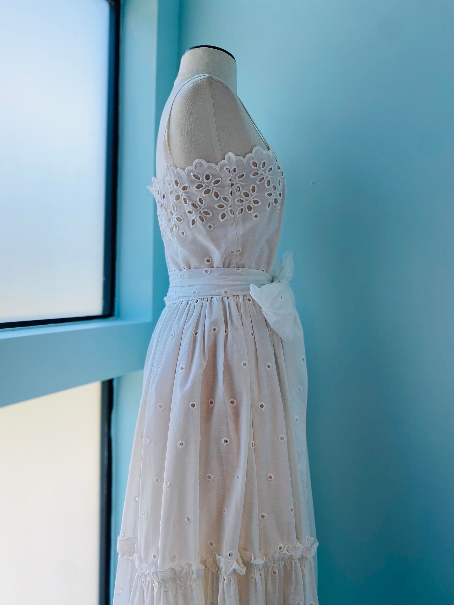 80s Albert Capraro White Eyelet Cotton Dress