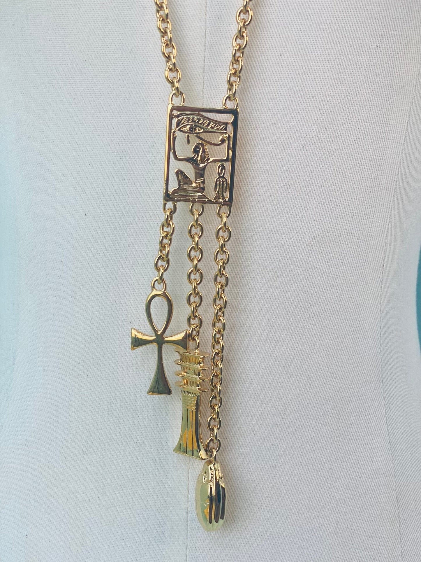 Kenneth Jay Lane Signed Egyptian Revival Gold Pendant Chain Necklace