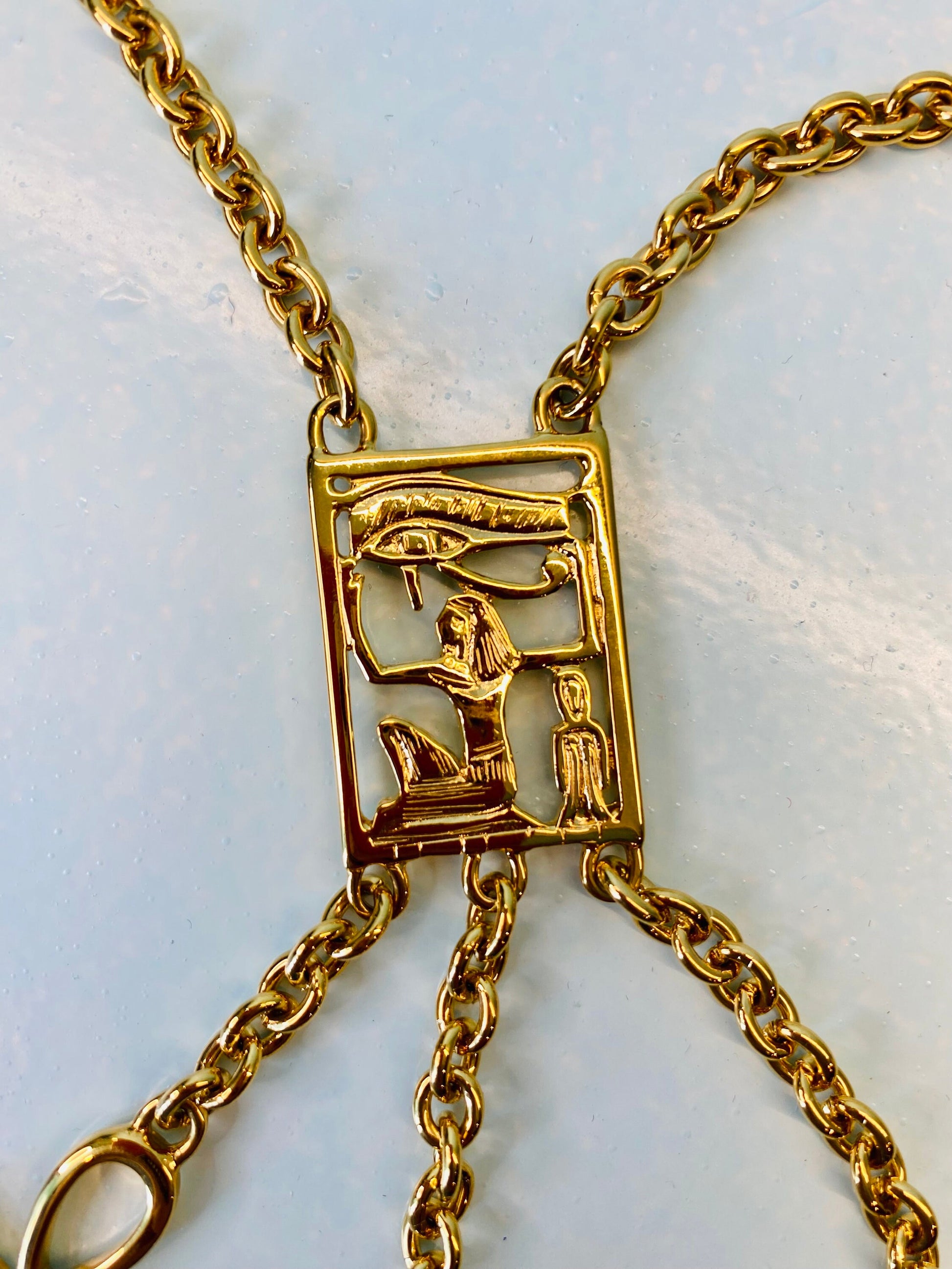 Kenneth Jay Lane Signed Egyptian Revival Gold Pendant Chain Necklace