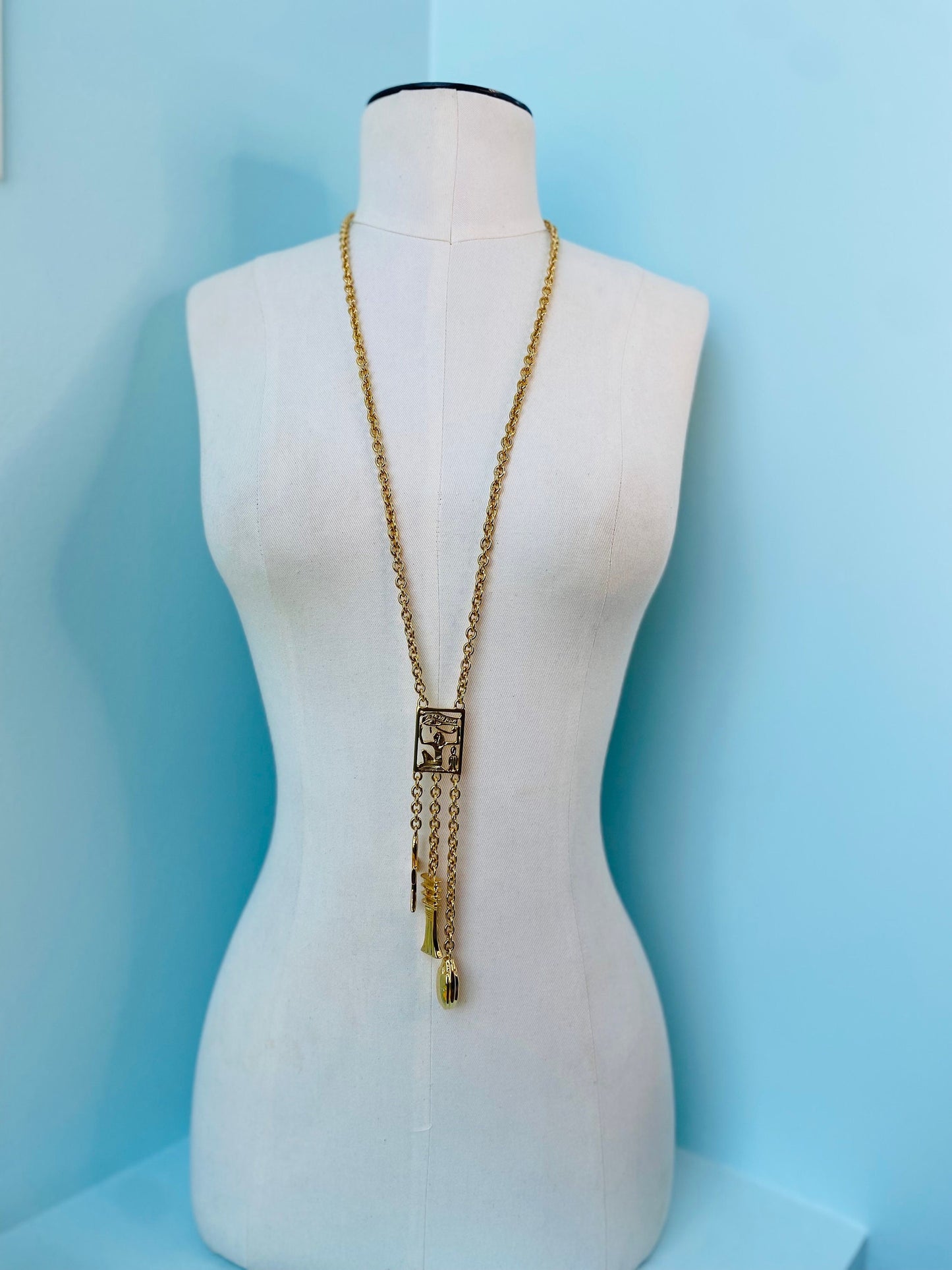 Kenneth Jay Lane Signed Egyptian Revival Gold Pendant Chain Necklace