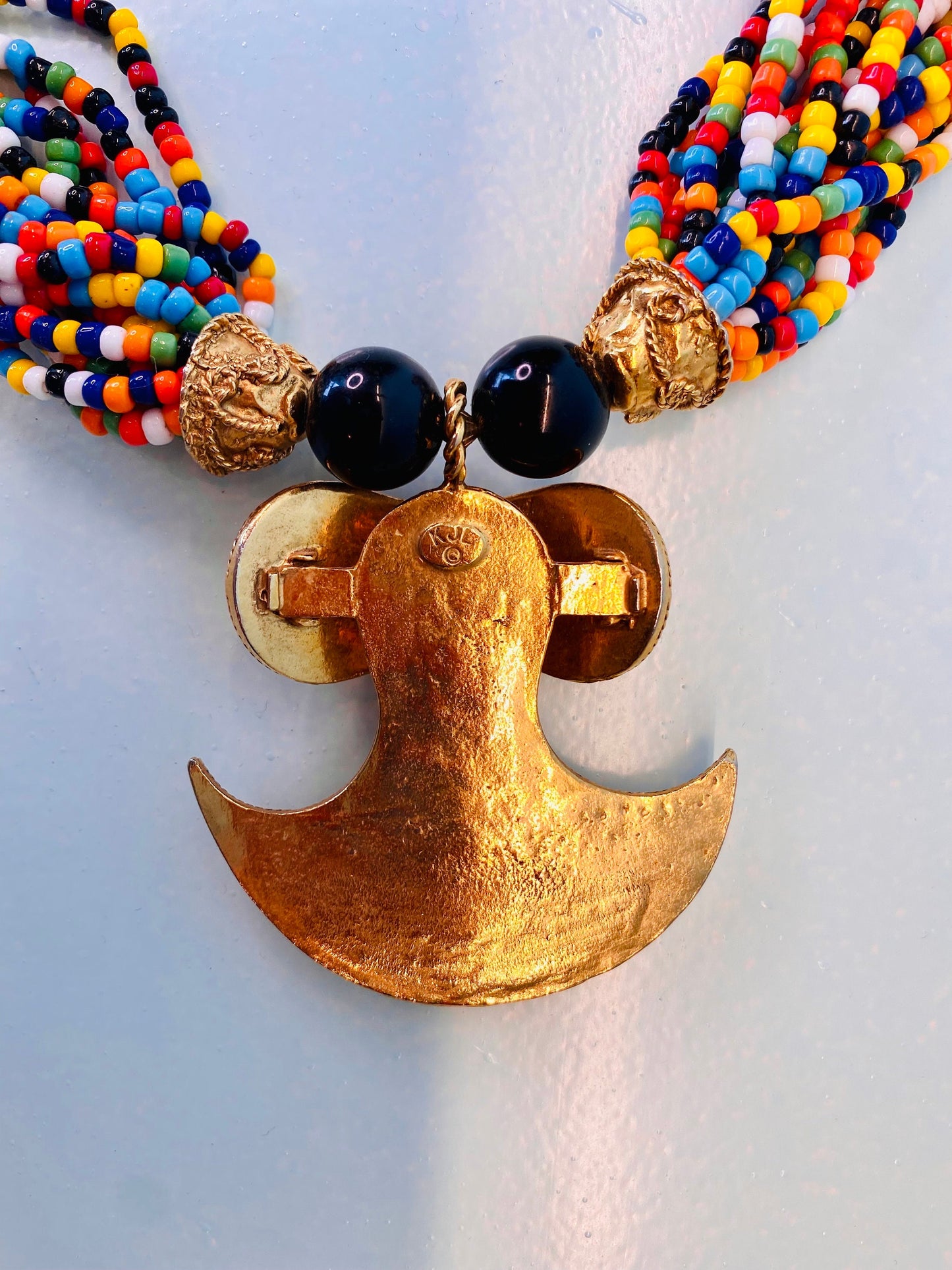 70s Couture Signed Kenneth Jay Lane Etruscan Revival Gold Plated Pendant Multi Color Beaded Collar Necklace