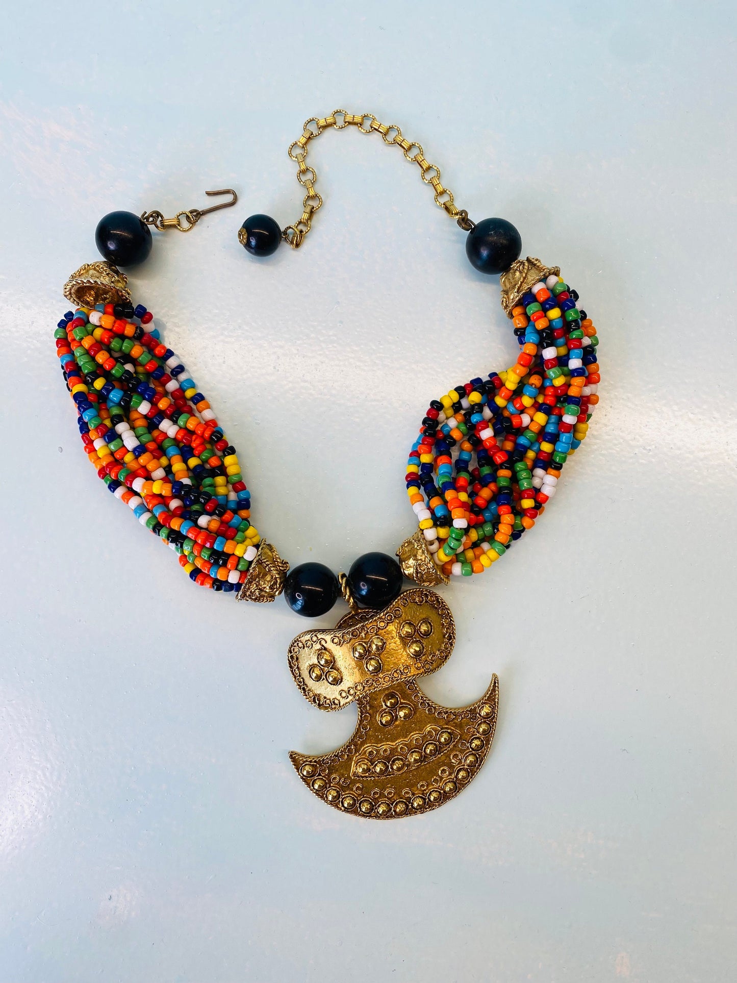 70s Couture Signed Kenneth Jay Lane Etruscan Revival Gold Plated Pendant Multi Color Beaded Collar Necklace