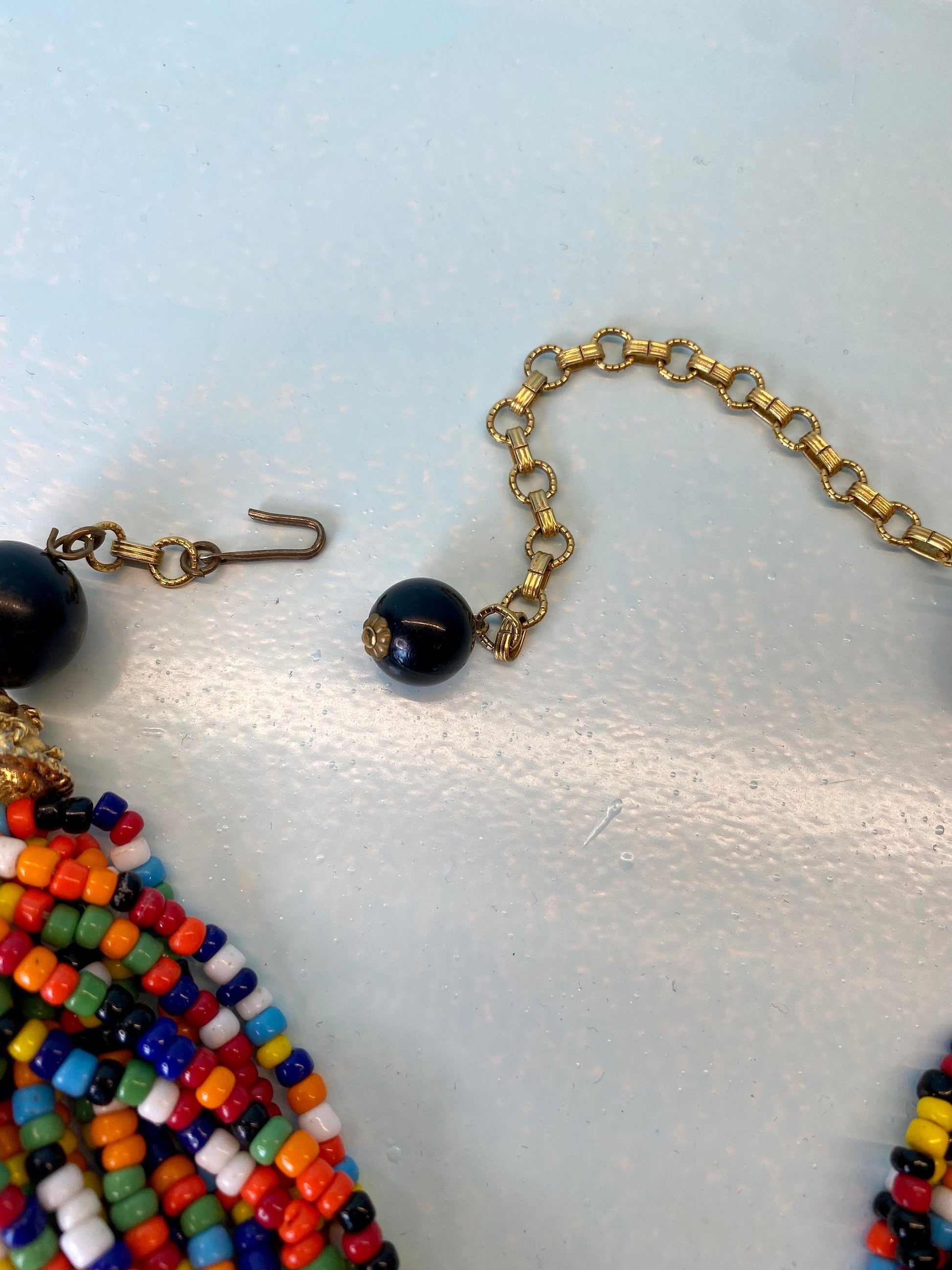 70s Couture Signed Kenneth Jay Lane Etruscan Revival Gold Plated Pendant Multi Color Beaded Collar Necklace