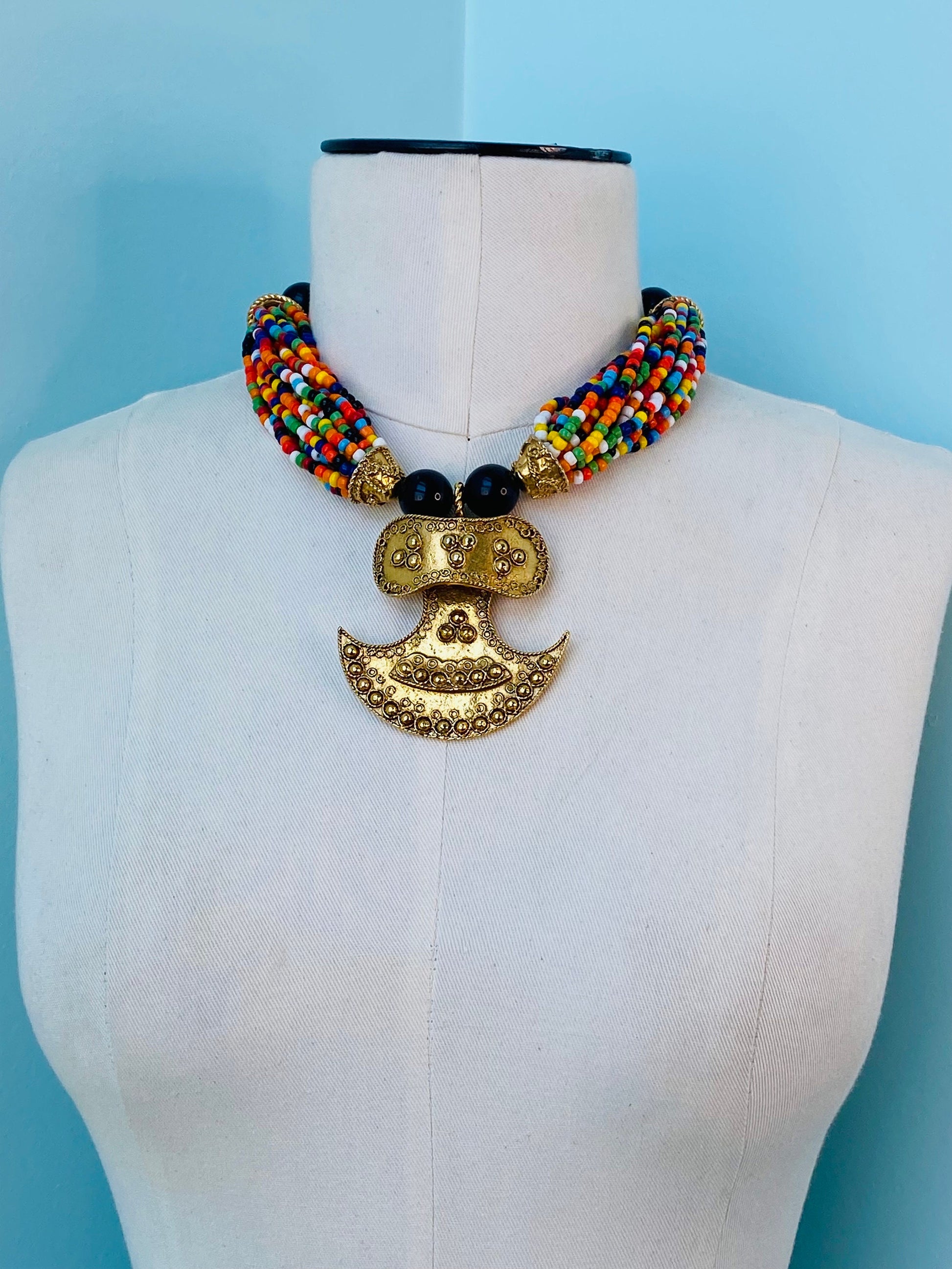 70s Couture Signed Kenneth Jay Lane Etruscan Revival Gold Plated Pendant Multi Color Beaded Collar Necklace