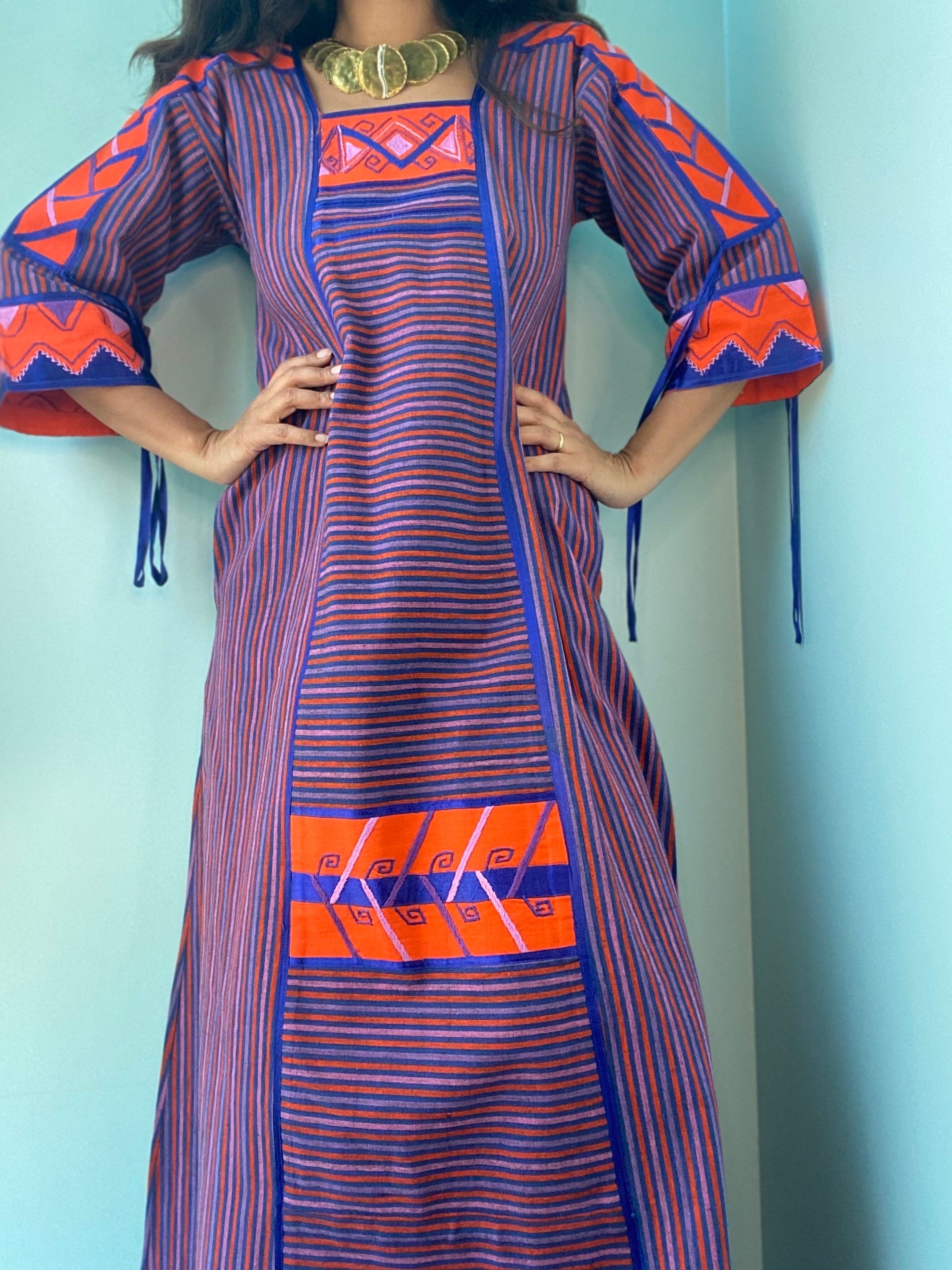 1960's Mexican Blanket Blue Woven Textile Caftan Hippie Dress I Bell newest Sleeves I Neon Colors I Sz Sm