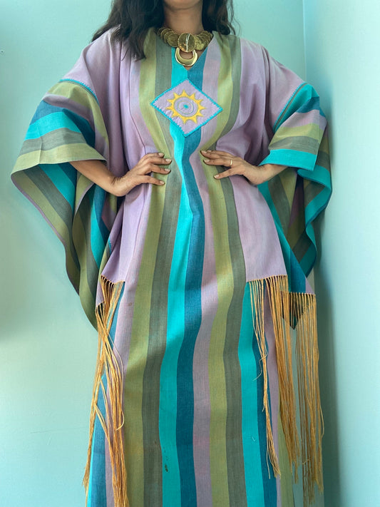 70s Josefa Ibarra Cotton Striped Fringed Caftan Maxi Boho Hippie Dress