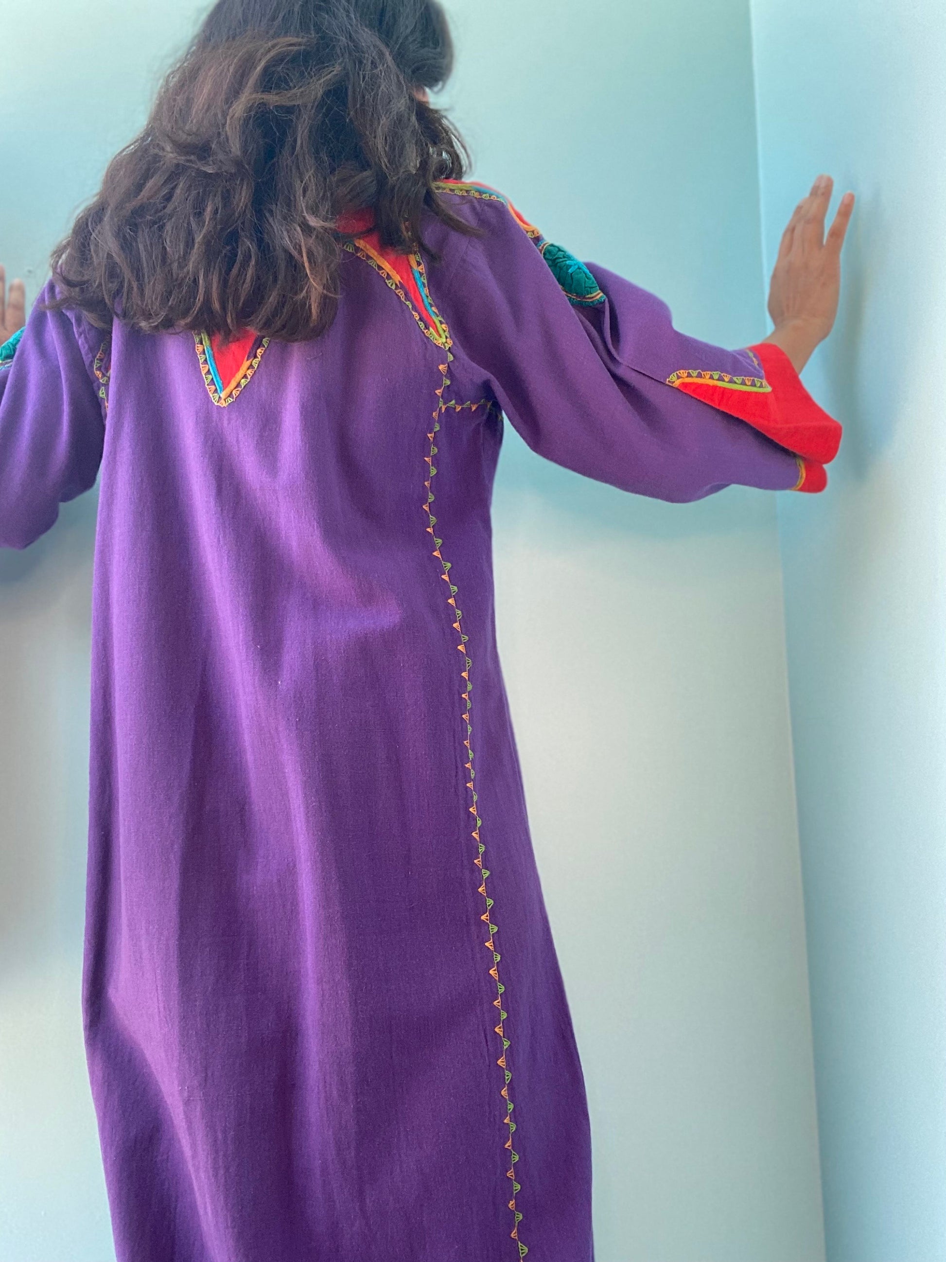 70s Josefa Ibarra Mexican Long Sleeves Purple Organic Cotton Embroidered Long Unisex Maxi Caftan Dress Bell Sleeves