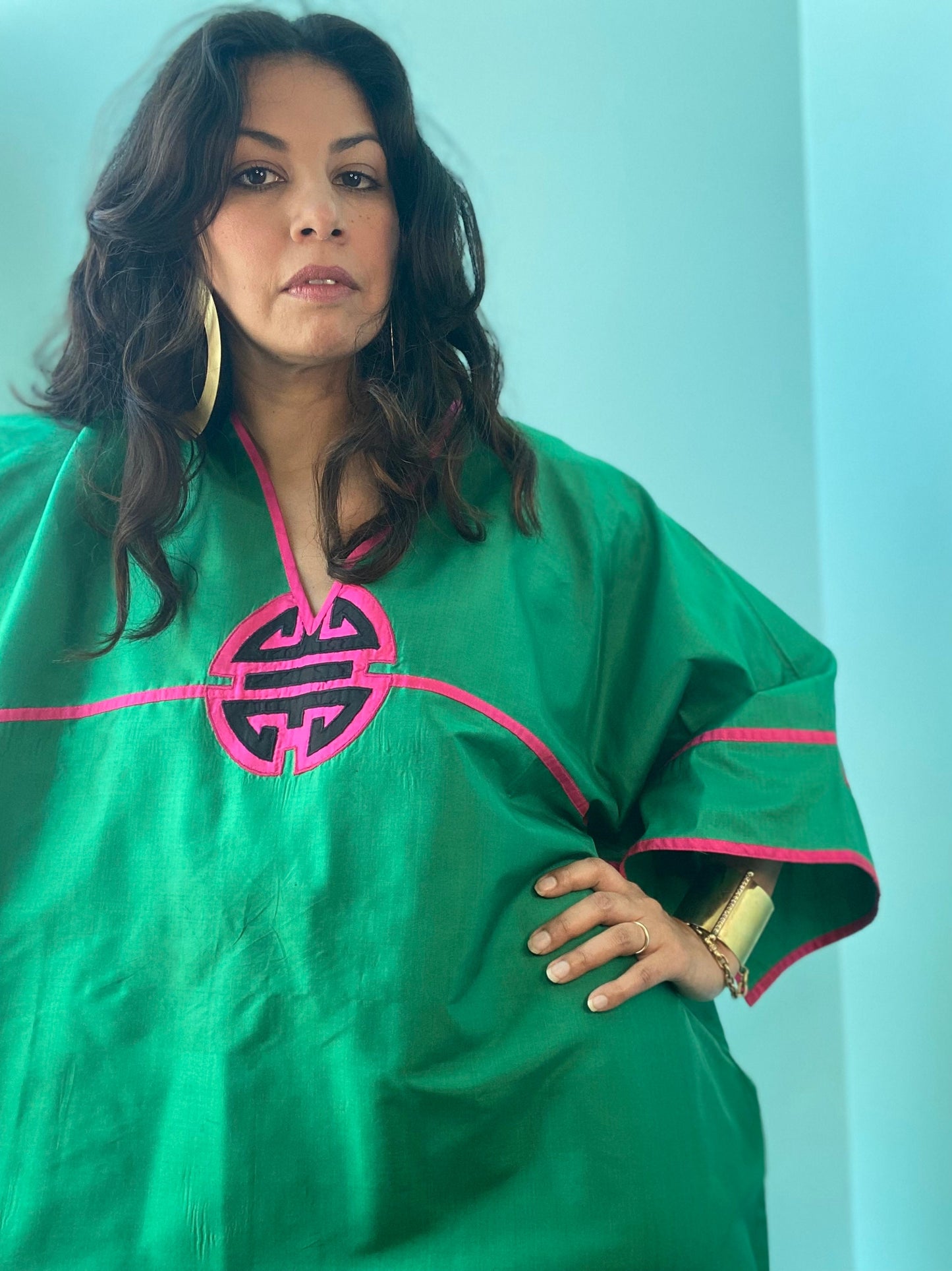 80s Green Silk Asian Star of Siam Caftan