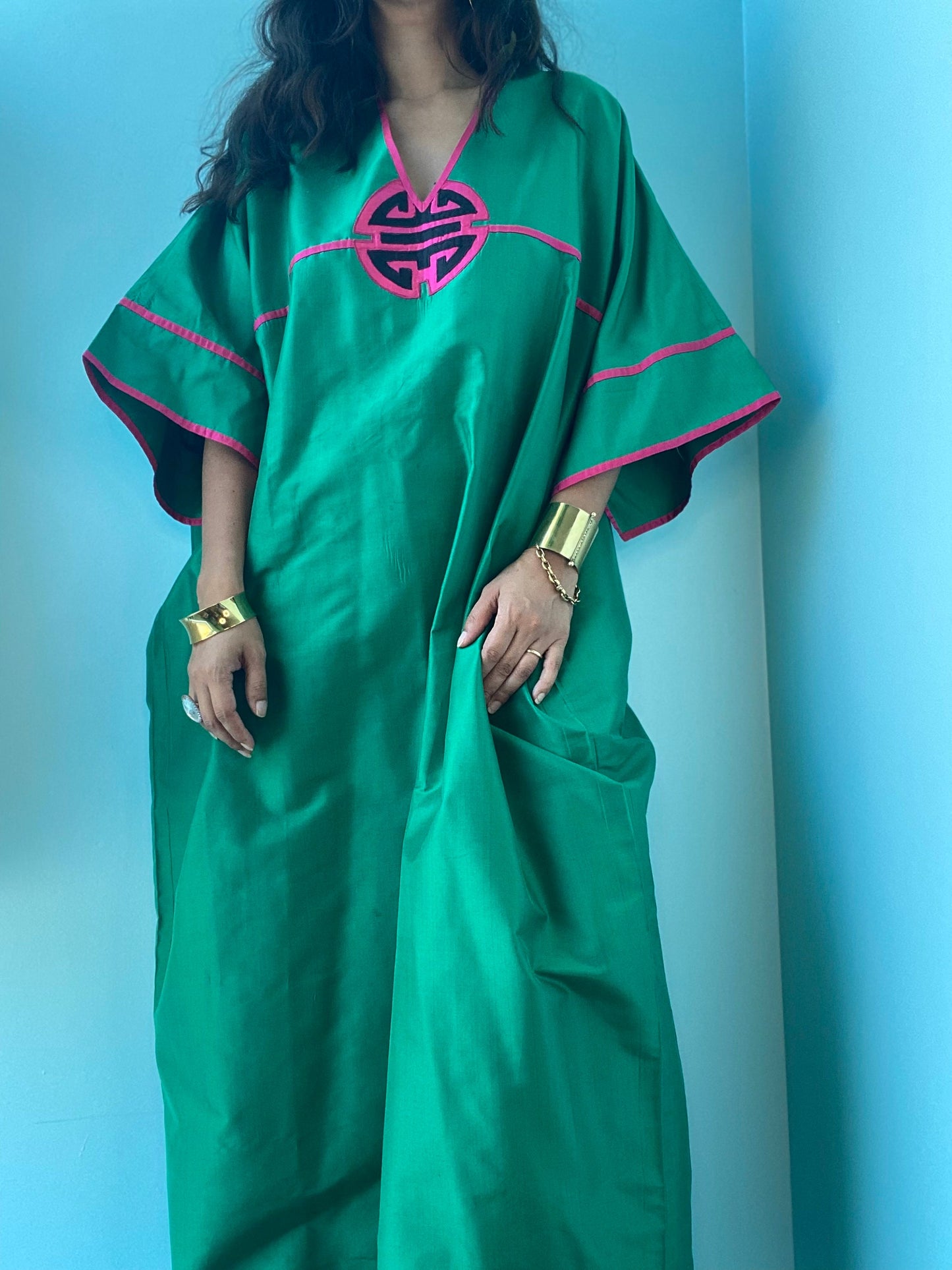 80s Green Silk Asian Star of Siam Caftan