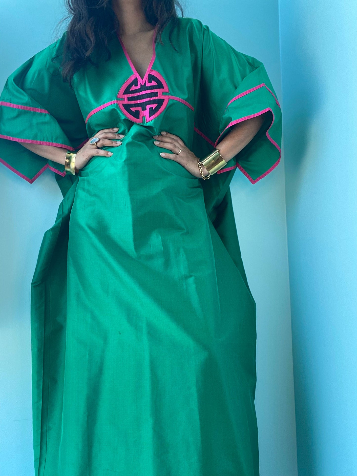 80s Green Silk Asian Star of Siam Caftan