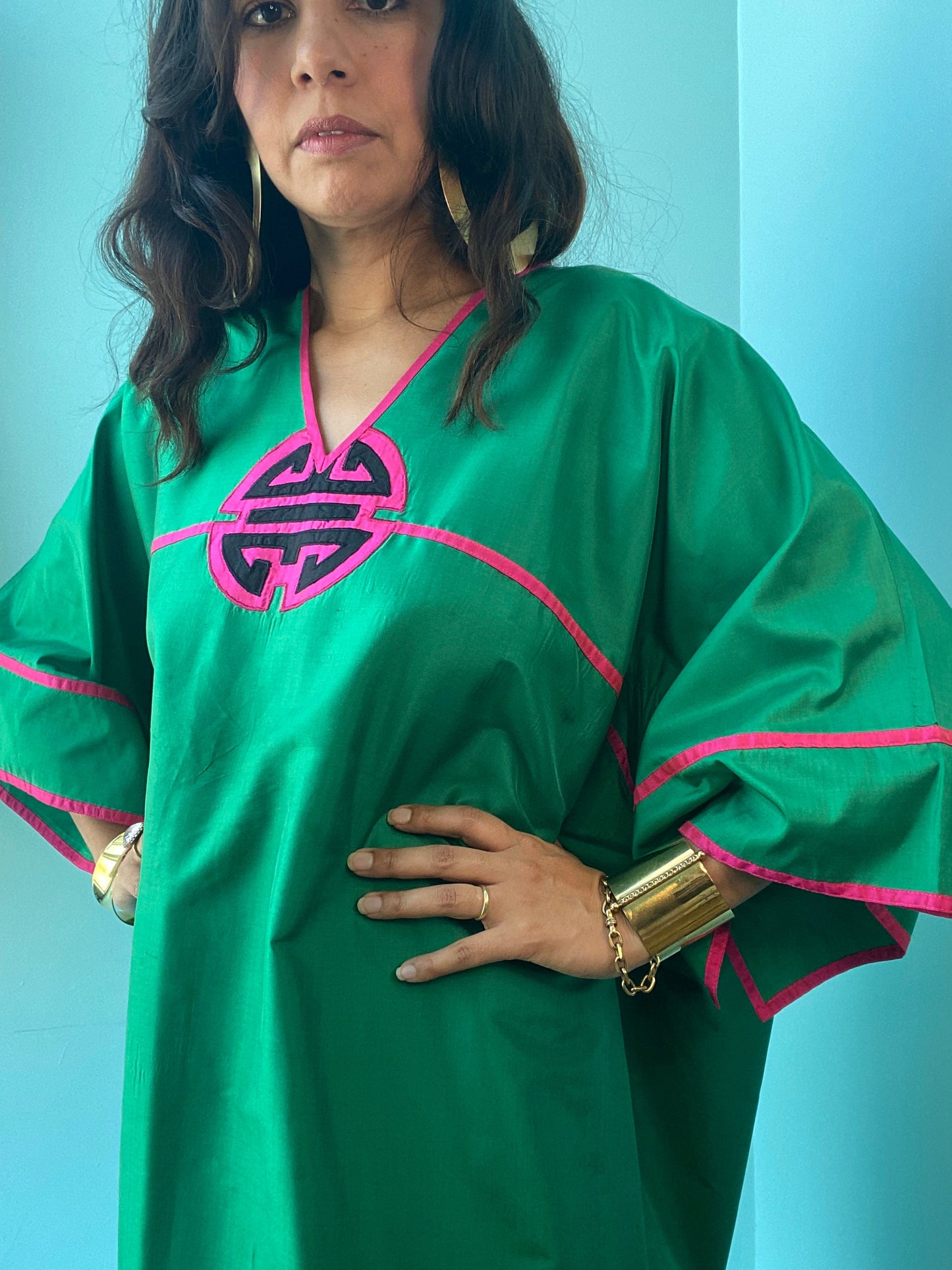 80s Green Silk Asian Star of Siam Caftan