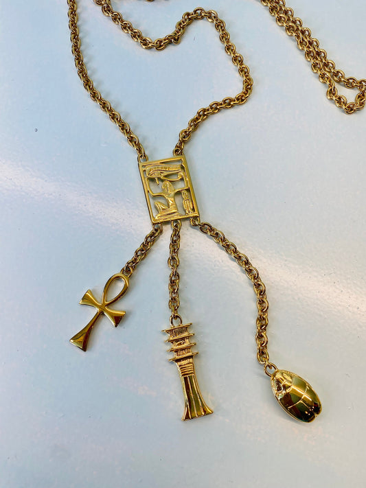 Kenneth Jay Lane Signed Egyptian Revival Gold Pendant Chain Necklace