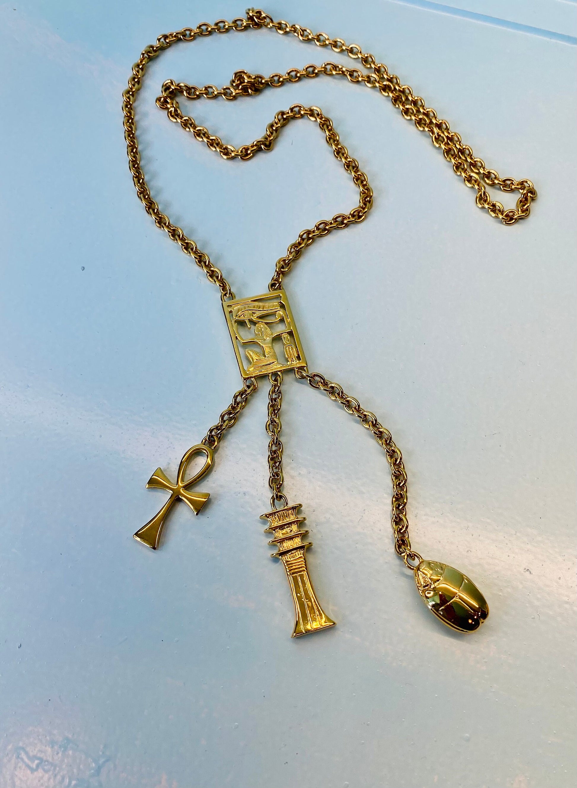 Kenneth Jay Lane Signed Egyptian Revival Gold Pendant Chain Necklace