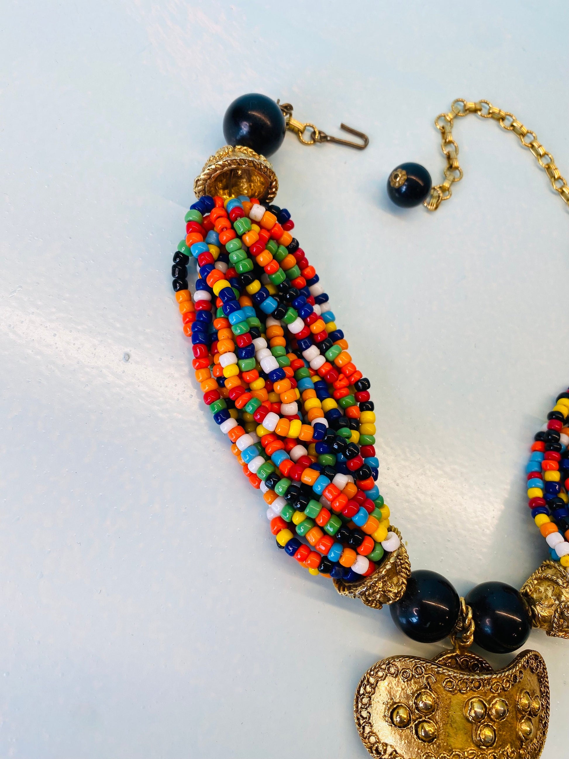 70s Couture Signed Kenneth Jay Lane Etruscan Revival Gold Plated Pendant Multi Color Beaded Collar Necklace