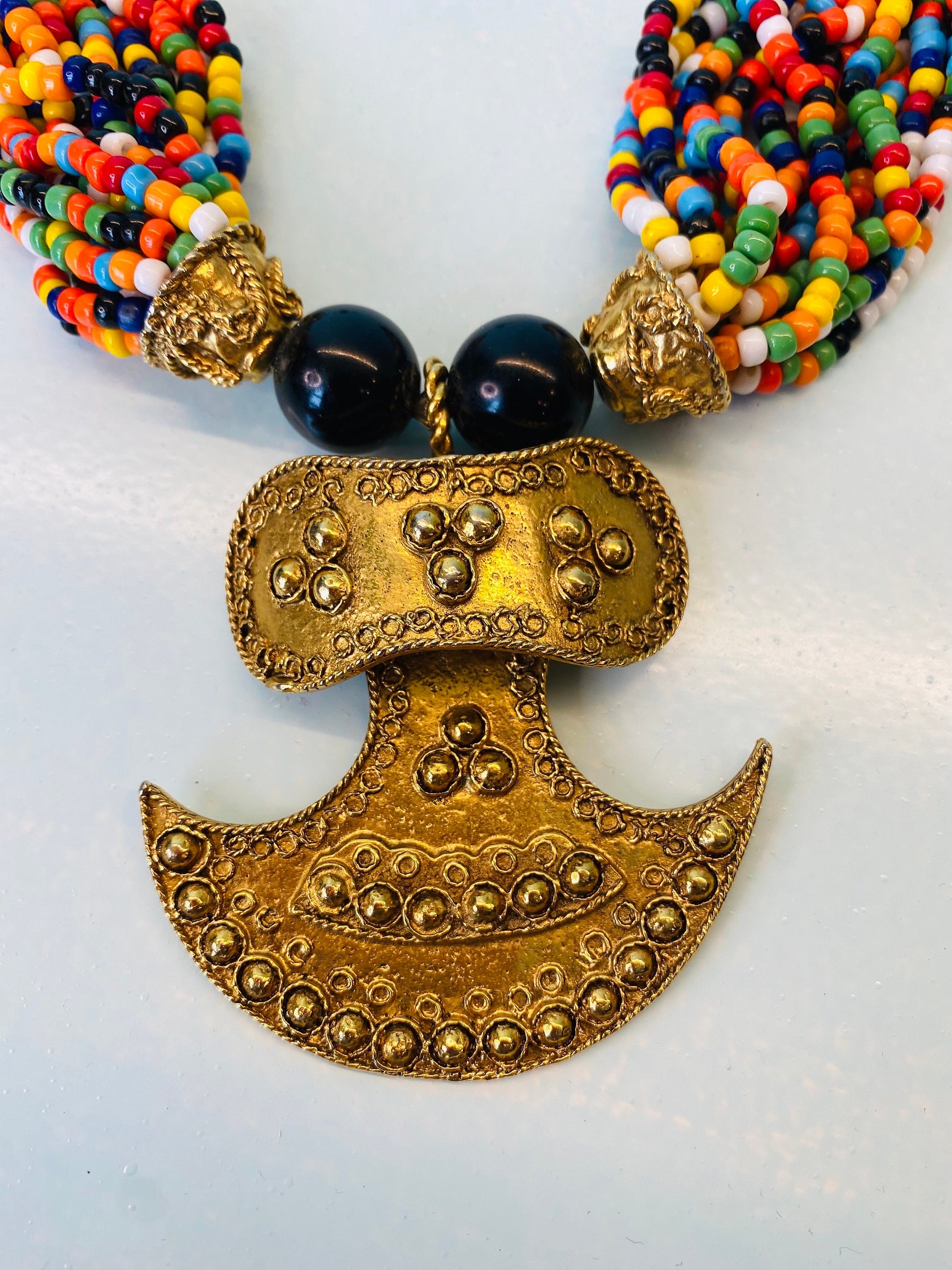 70s Couture Signed Kenneth Jay Lane Etruscan Revival Gold Plated Pendant Multi Color Beaded Collar Necklace