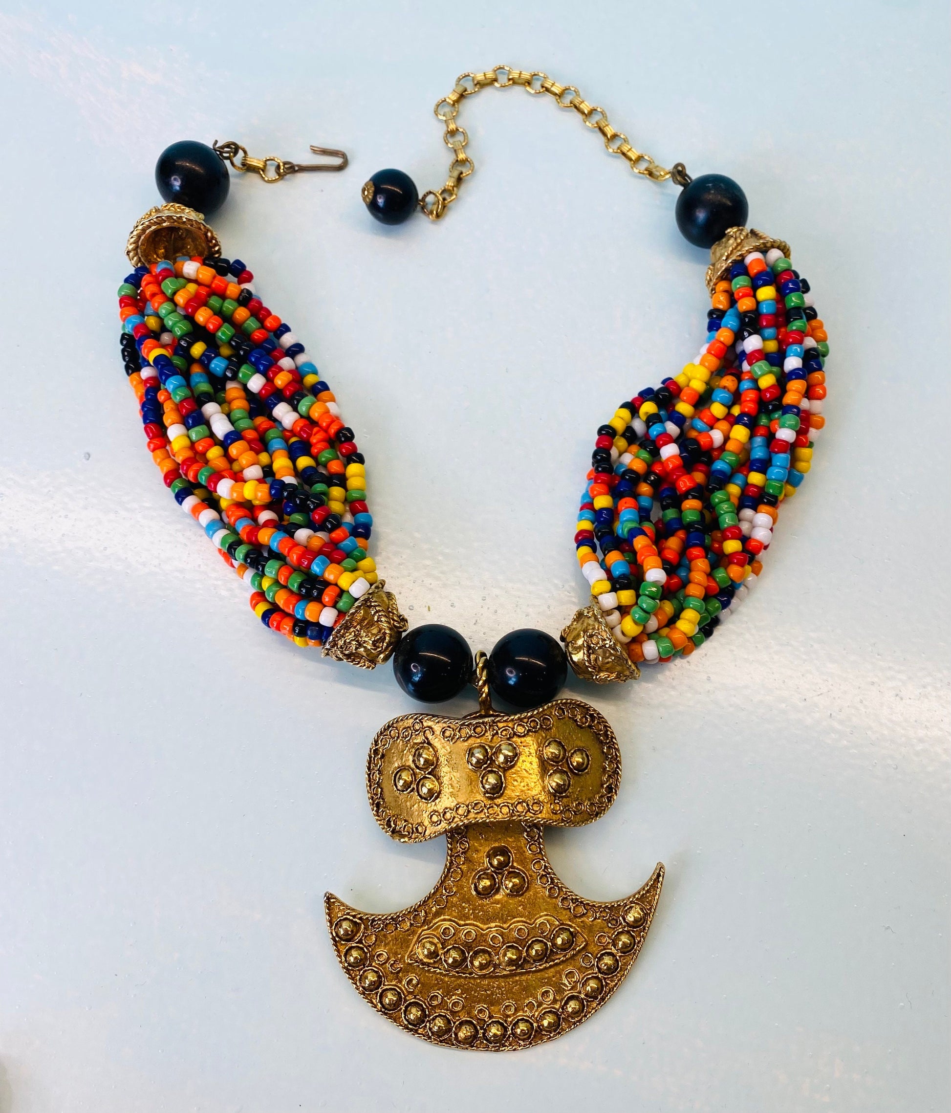 70s Couture Signed Kenneth Jay Lane Etruscan Revival Gold Plated Pendant Multi Color Beaded Collar Necklace