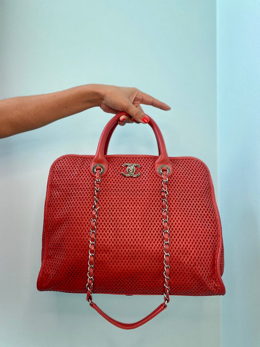 Up In Air CHANEL Leather Coral Red Perforated Convertible Tote