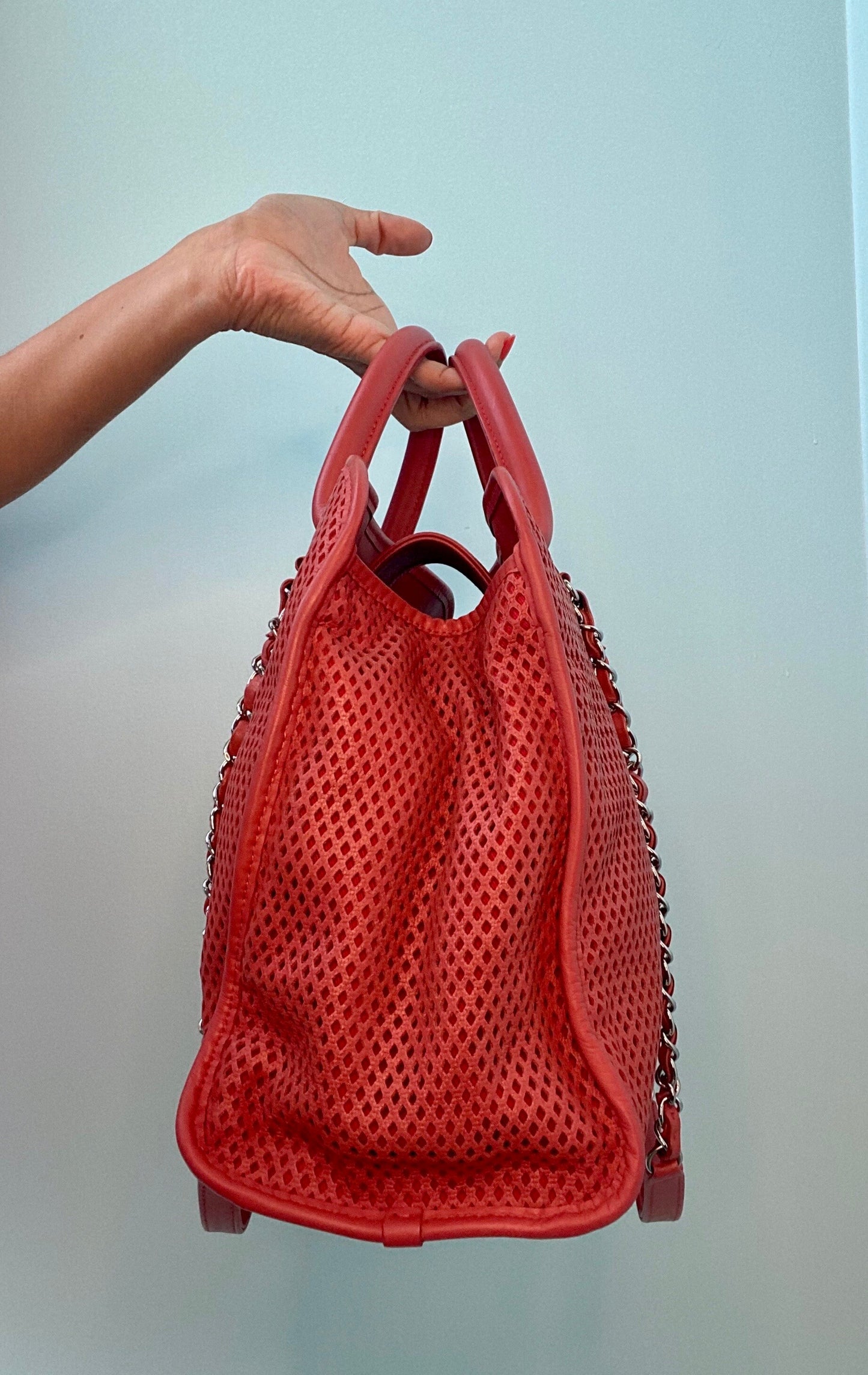 Up In Air CHANEL Leather Coral Red Perforated Convertible Tote