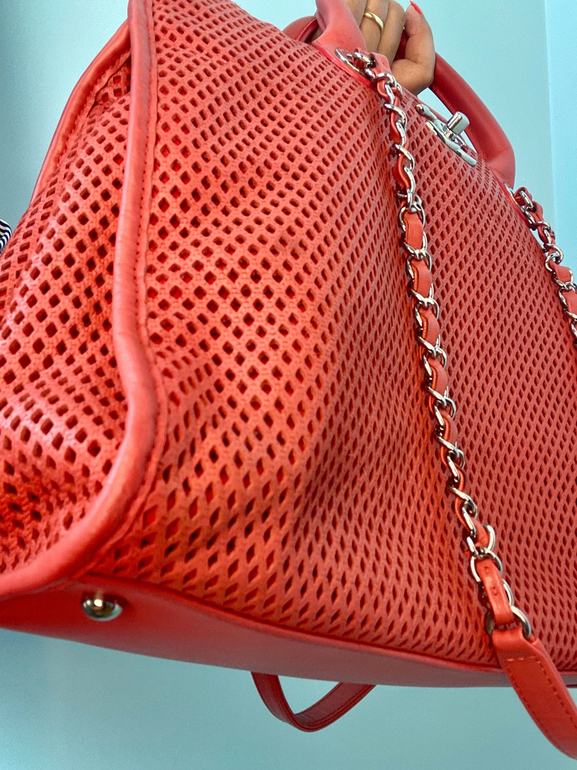 Up In Air CHANEL Leather Coral Red Perforated Convertible Tote