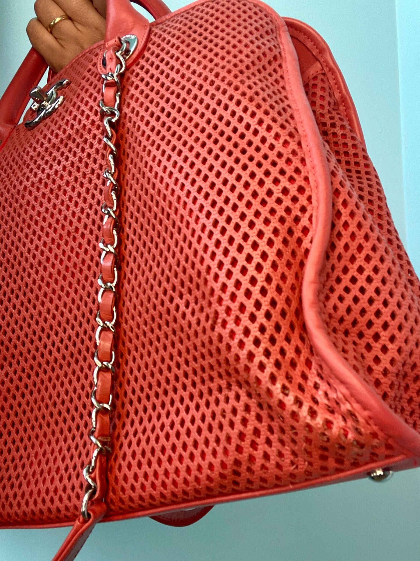 Up In Air CHANEL Leather Coral Red Perforated Convertible Tote