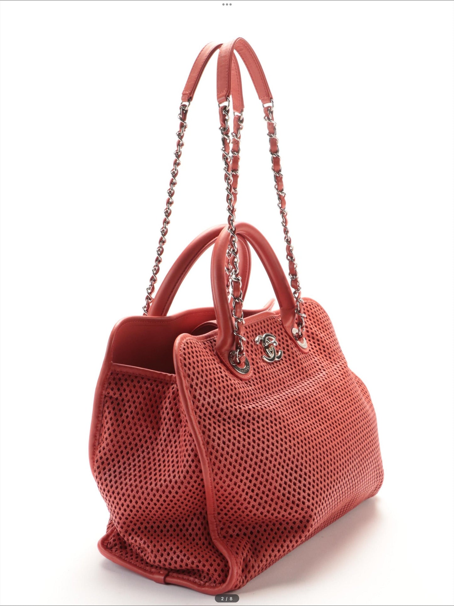 Up In Air CHANEL Leather Coral Red Perforated Convertible Tote
