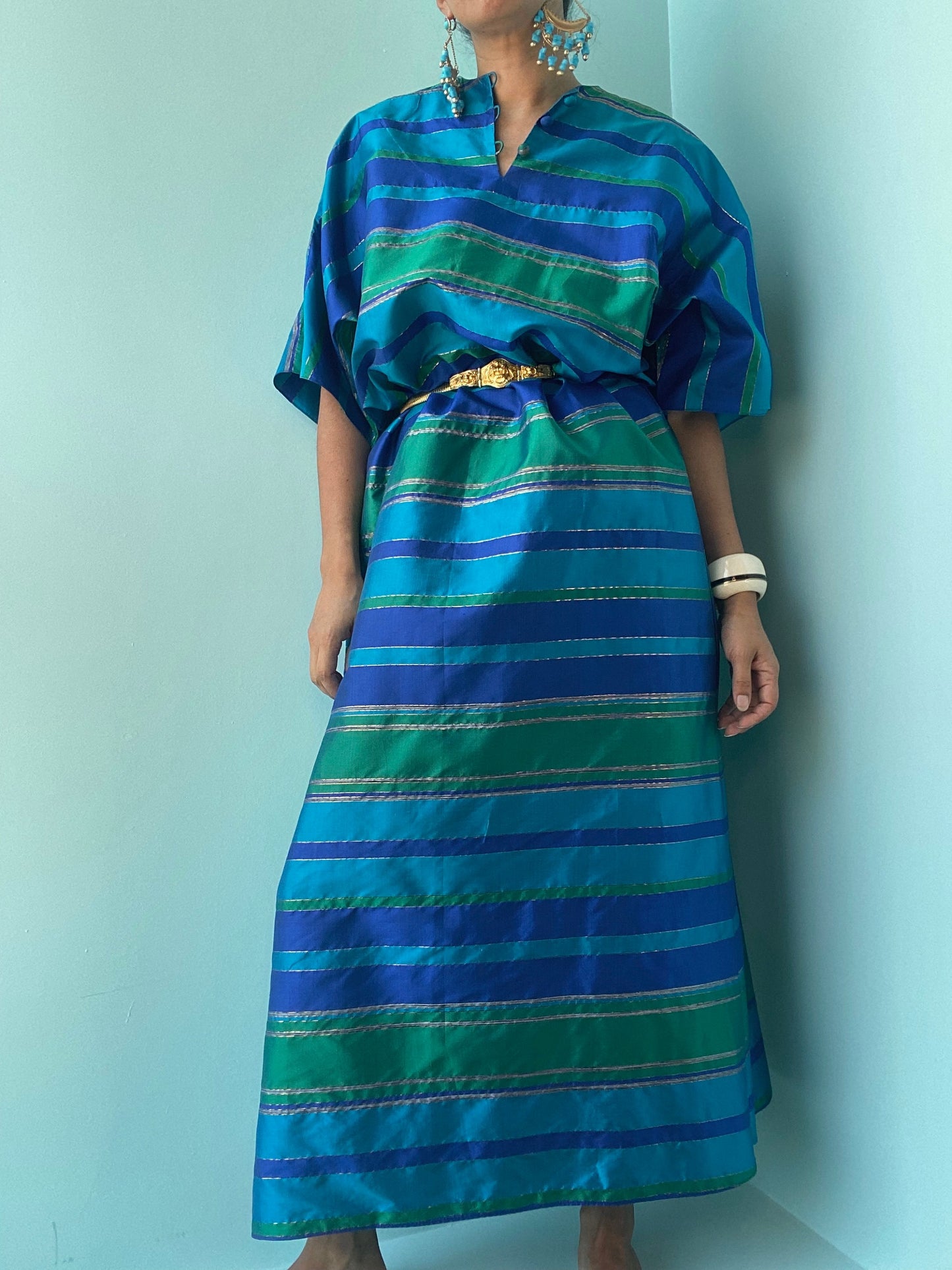 Vintage Smithsonian Gift Shop Thai Silk Green Blue Gold Lurex Caftan